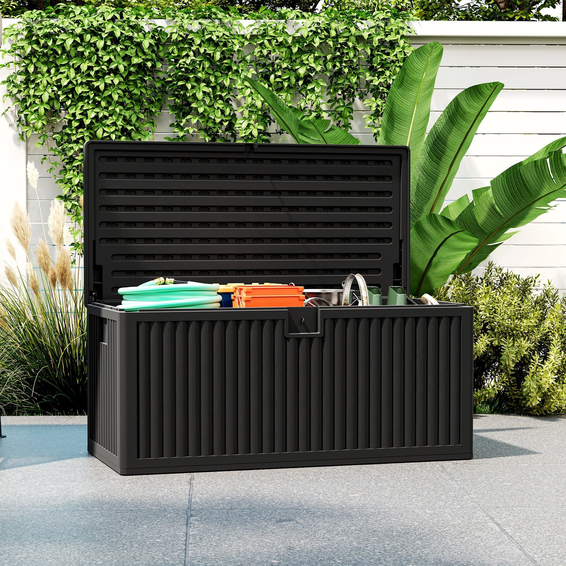 140 Gallon Deck Box, Fluted Resin Outdoor Storage Box with Gas Struts, Waterproof and UV Resistant Storage Container for Garden Tools and Pool Supplies, Black