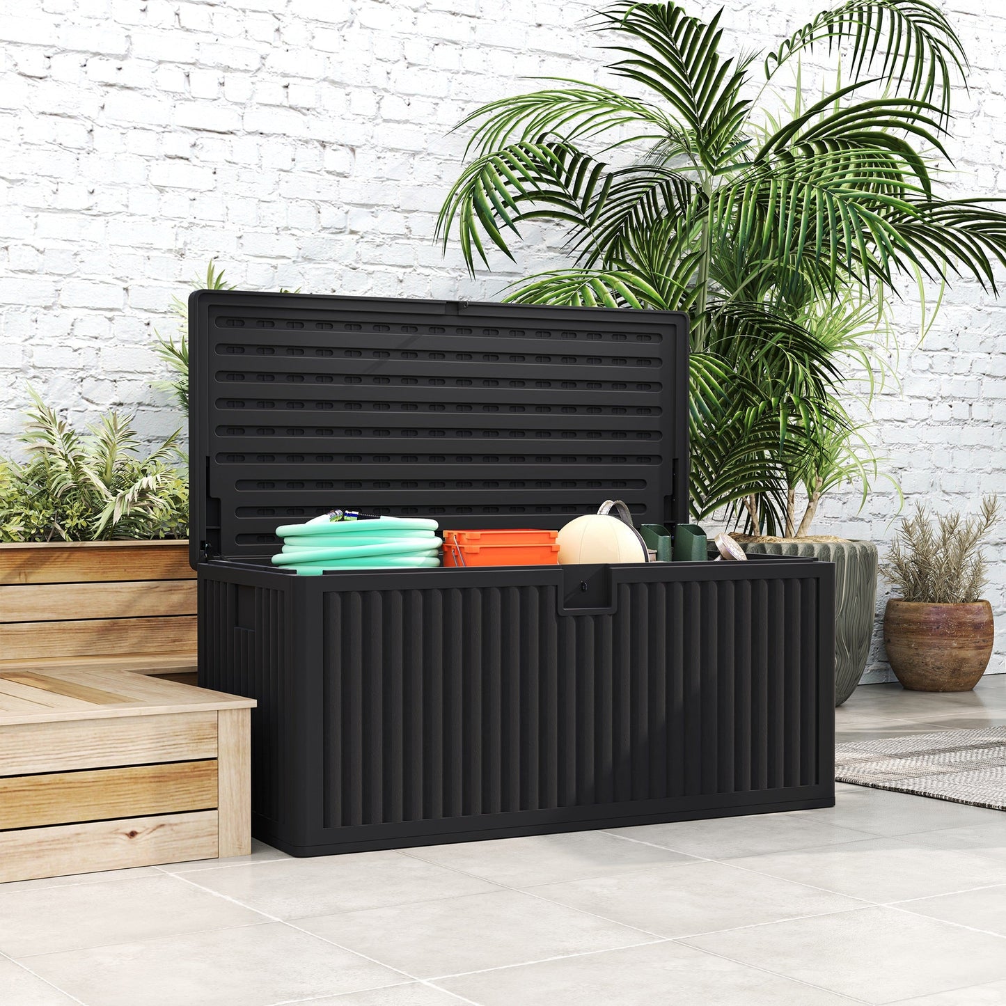 140 Gallon Deck Box, Fluted Resin Outdoor Storage Box with Gas Struts, Waterproof and UV Resistant Storage Container for Garden Tools and Pool Supplies, Black