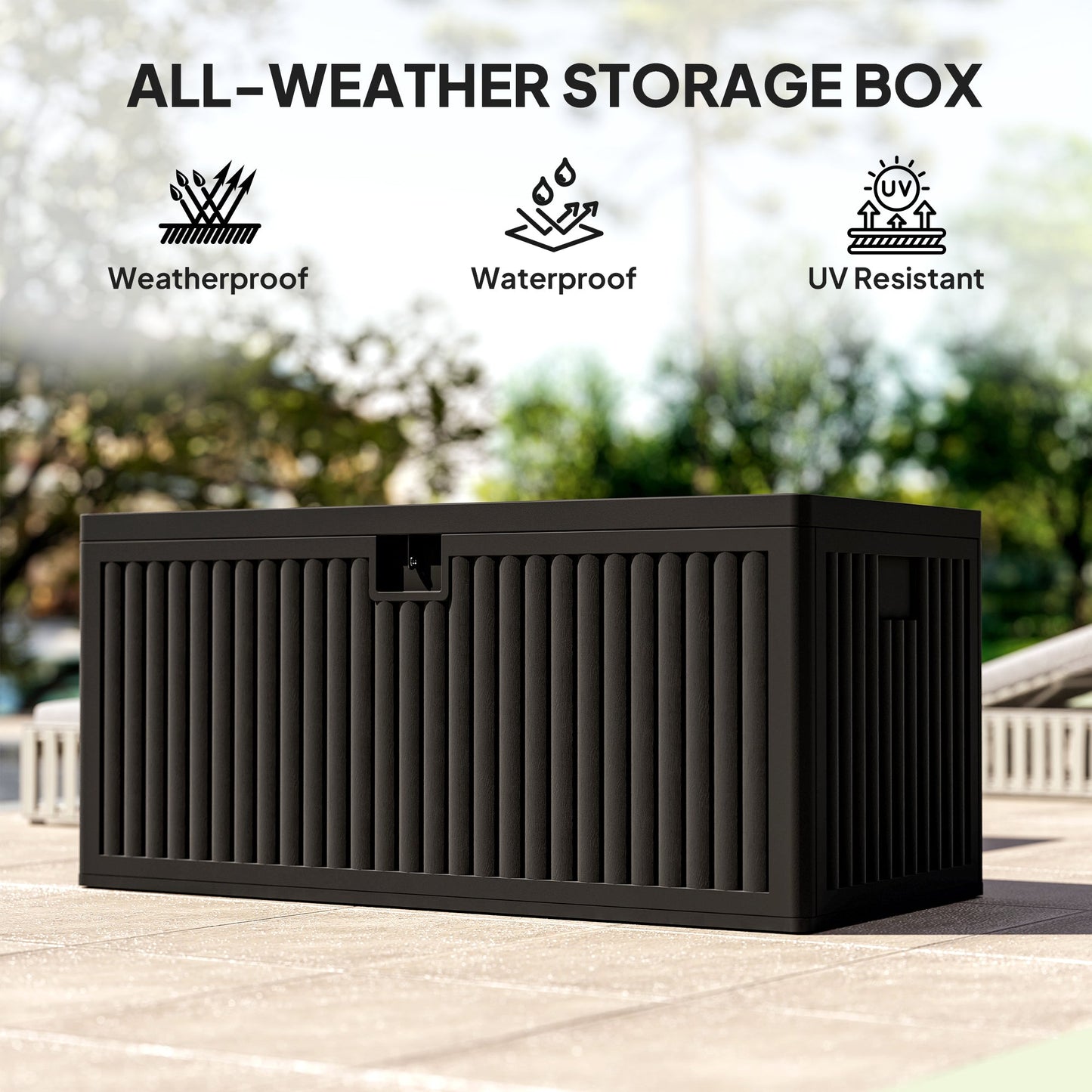 140 Gallon Deck Box, Fluted Resin Outdoor Storage Box with Gas Struts, Waterproof and UV Resistant Storage Container for Garden Tools and Pool Supplies, Black