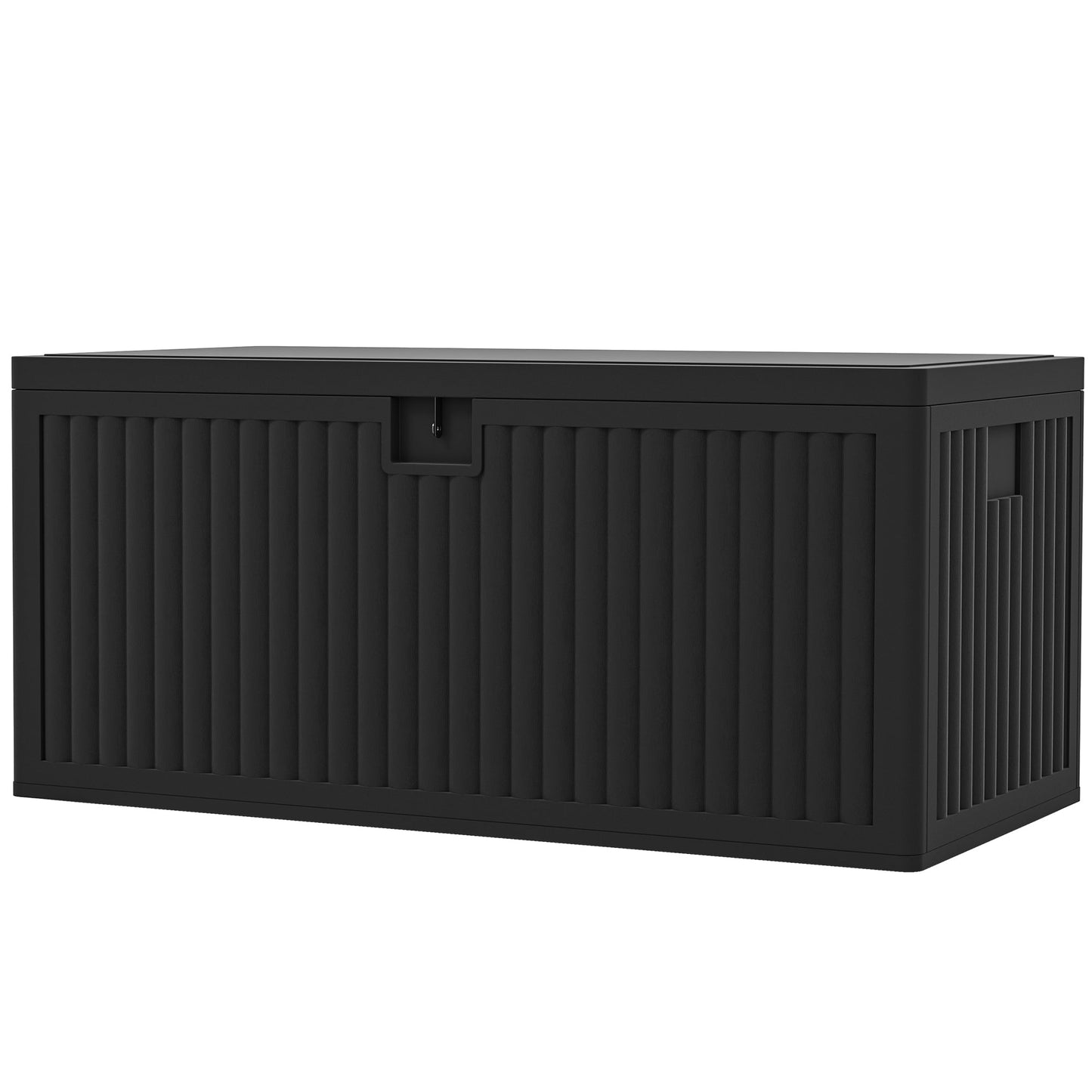 140 Gallon Deck Box, Fluted Resin Outdoor Storage Box with Gas Struts, Waterproof and UV Resistant Storage Container for Garden Tools and Pool Supplies, Black