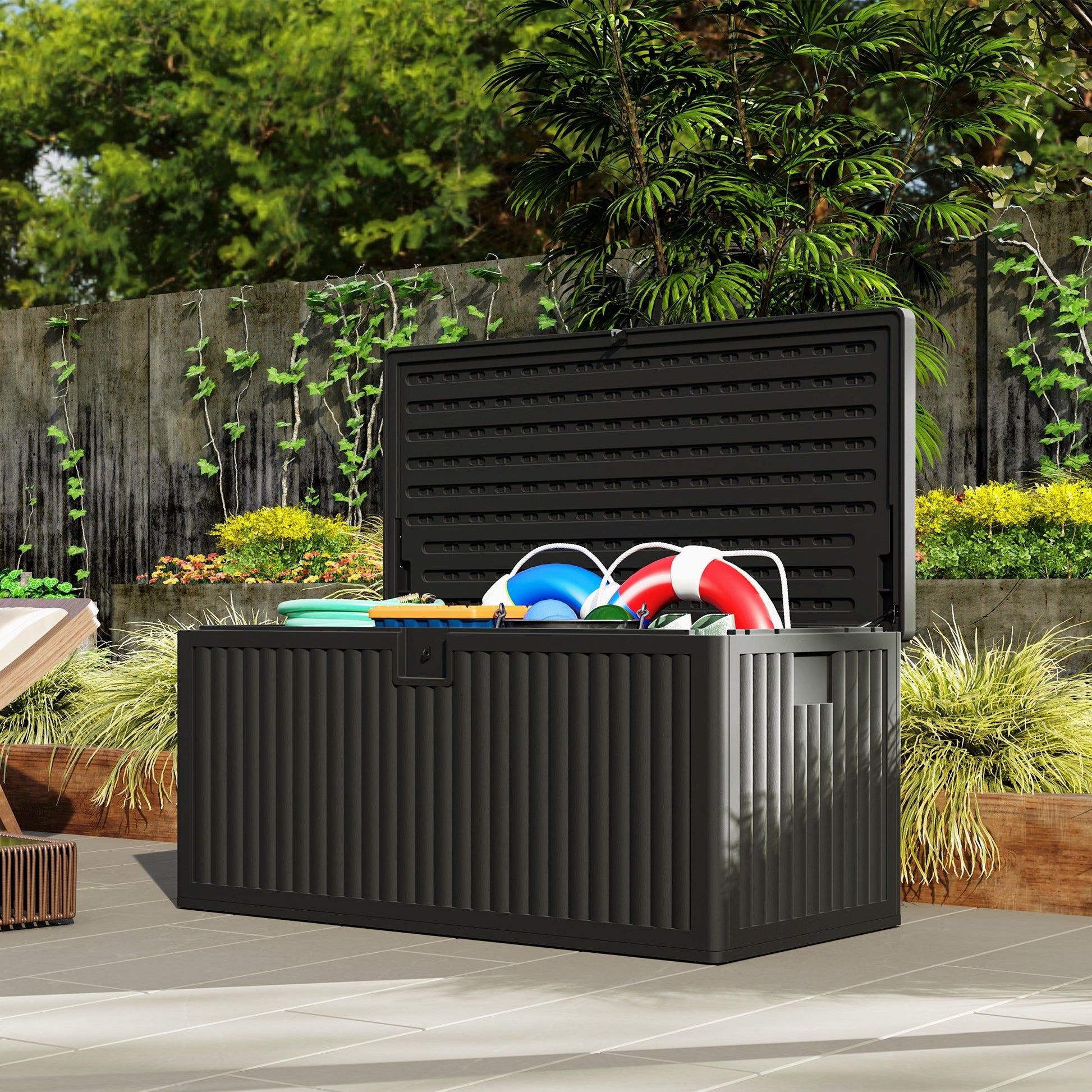 140 Gallon Deck Box, Fluted Resin Outdoor Storage Box with Gas Struts, Waterproof and UV Resistant Storage Container for Garden Tools and Pool Supplies, Black