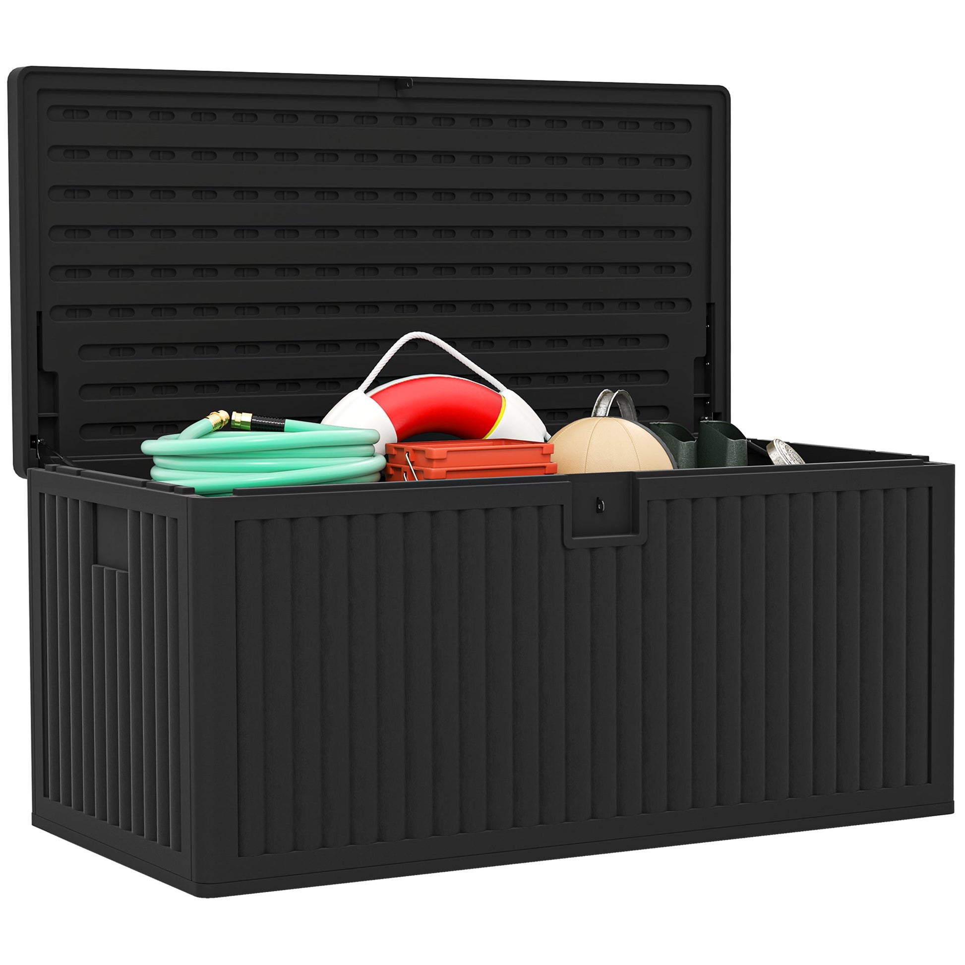 140 Gallon Deck Box, Fluted Resin Outdoor Storage Box with Gas Struts, Waterproof and UV Resistant Storage Container for Garden Tools and Pool Supplies, Black