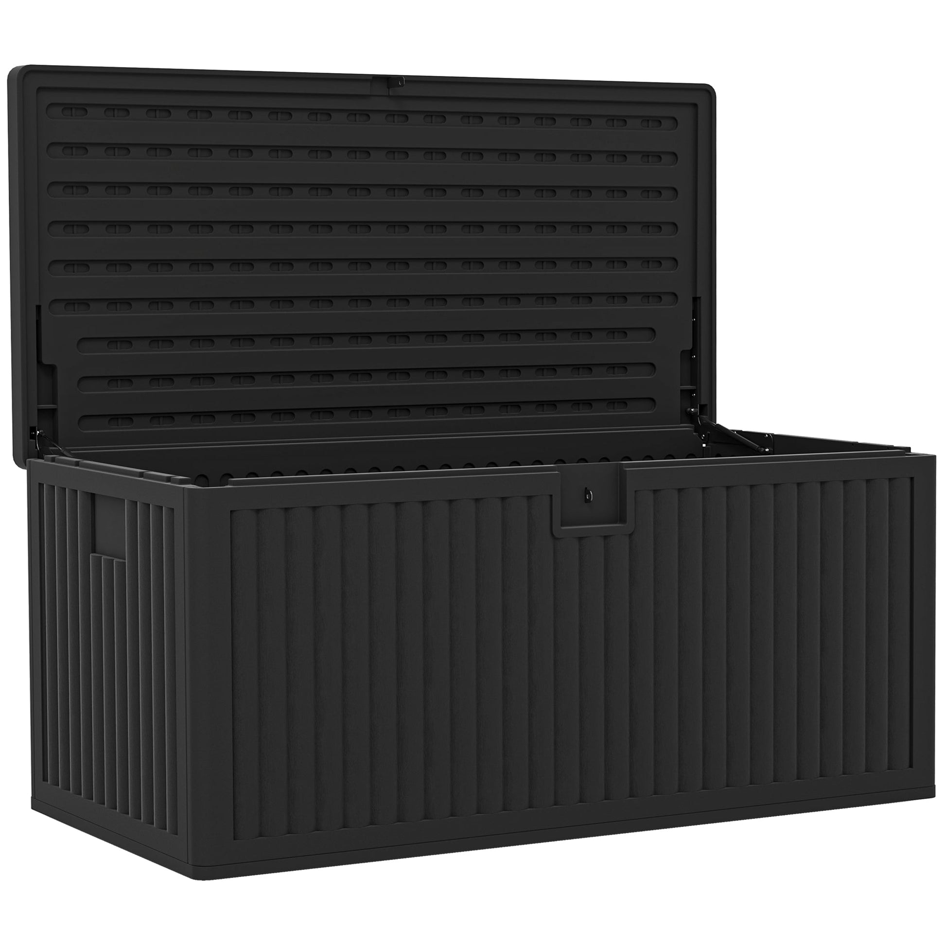 140 Gallon Deck Box, Fluted Resin Outdoor Storage Box with Gas Struts, Waterproof and UV Resistant Storage Container for Garden Tools and Pool Supplies, Black