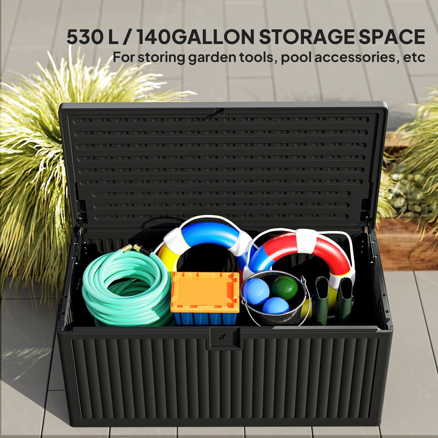 140 Gallon Deck Box, Fluted Resin Outdoor Storage Box with Gas Struts, Waterproof and UV Resistant Storage Container for Garden Tools and Pool Supplies, Black