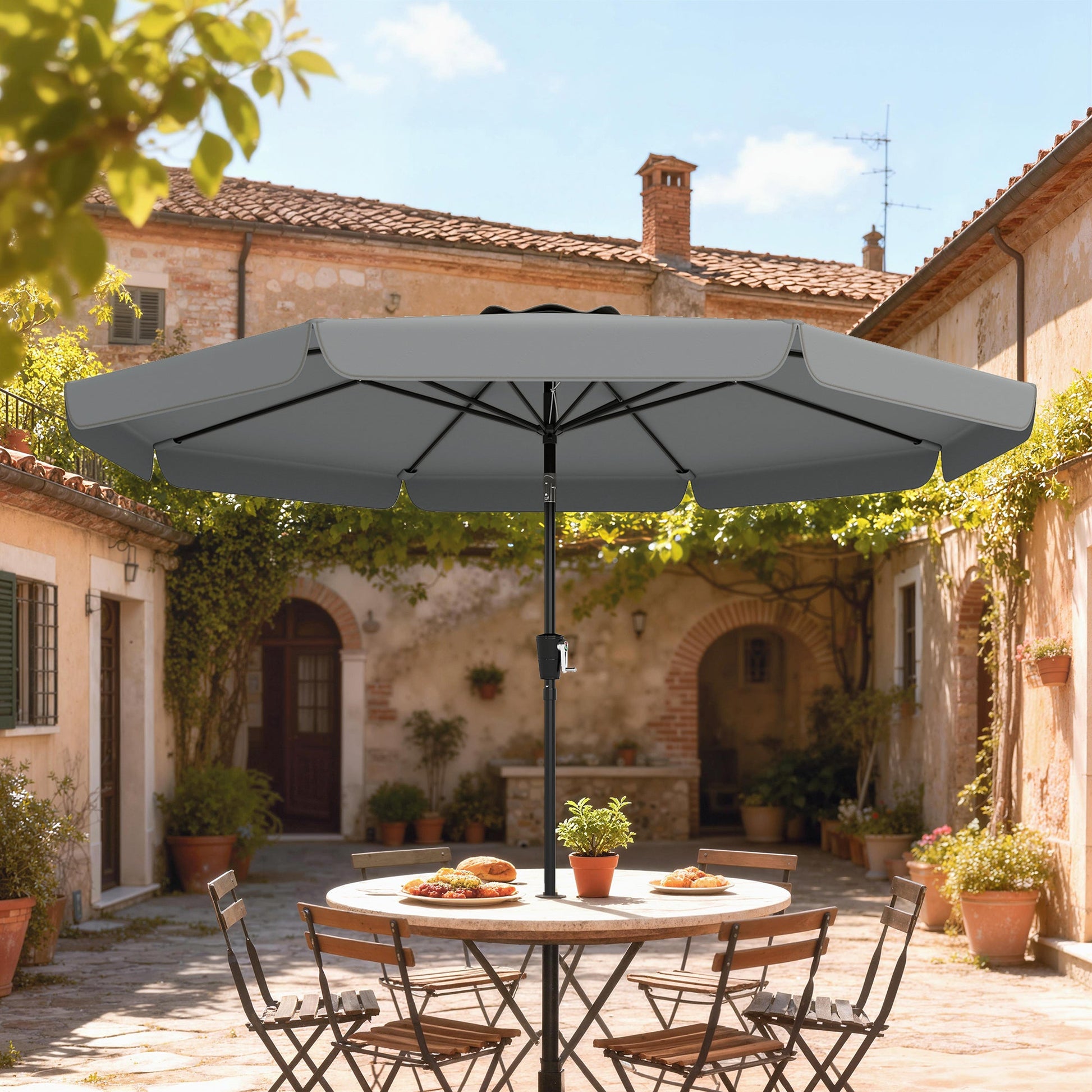 10 ft Patio Umbrella with Push Button Tilt and Crank, Outdoor Market Table Umbrella Parasol with Vent, 8 Ribs for Garden, Deck, Pool, Dark Grey