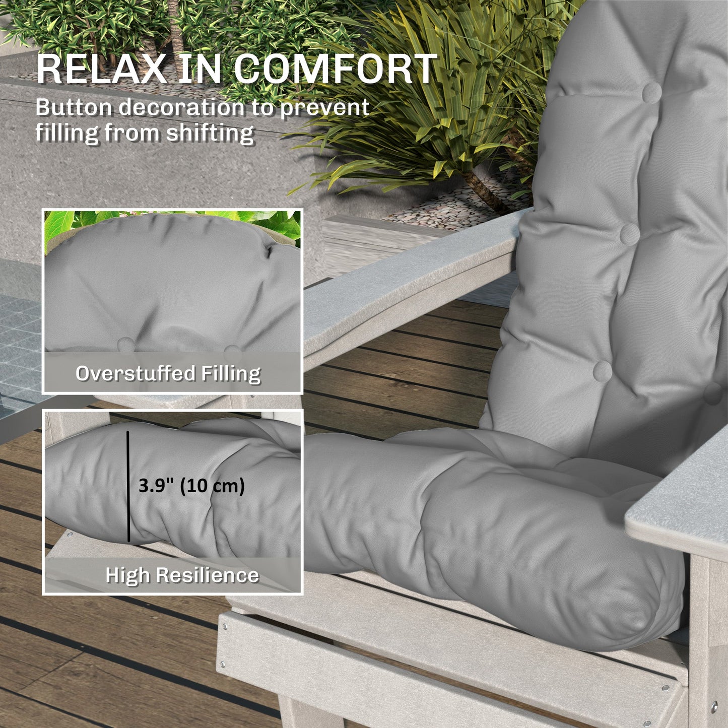 Adirondack Chair Cushions Set of 2, Tufted Lawn Chair Cushions, High Back Patio Chair Cushions with Ties, Non-Slip Muskoka Chair Cushions, Light Grey