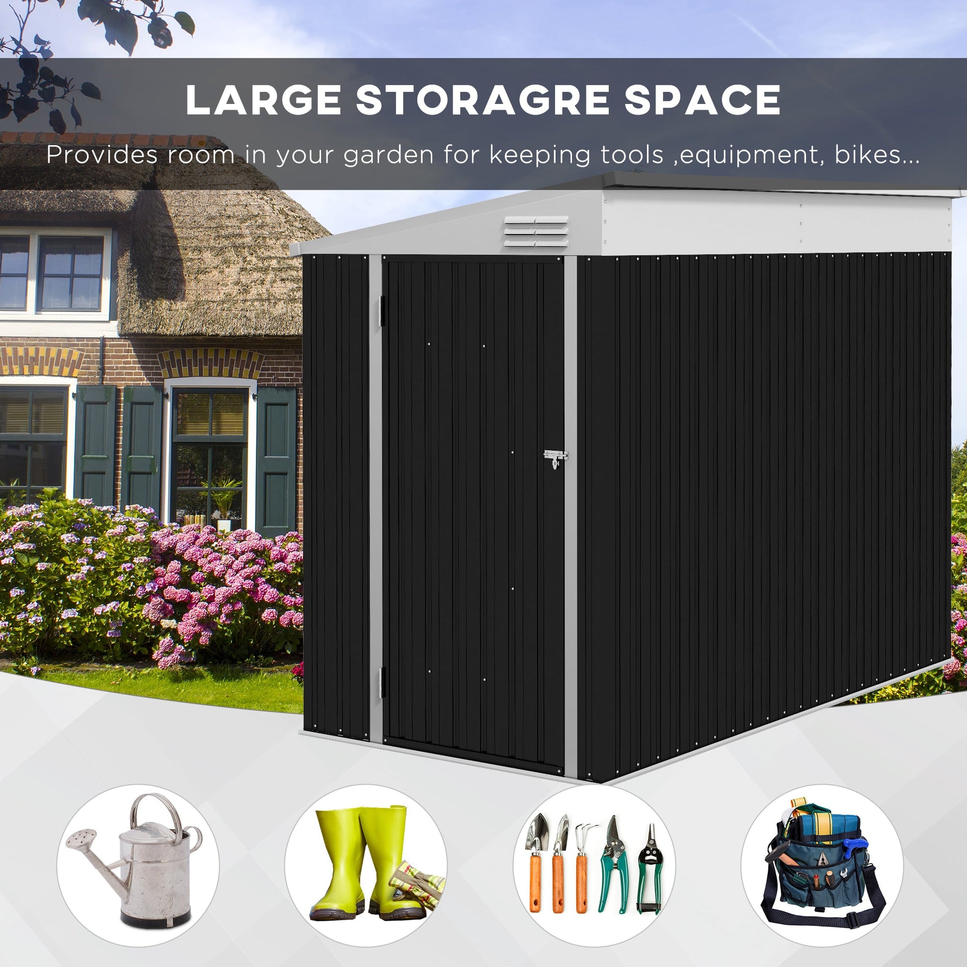 4' x 8' Steel Garden Storage Shed Lean to Shed Outdoor Metal Tool House with Lockable Door and 2 Air Vents for Backyard, Patio, Lawn, Dark Grey