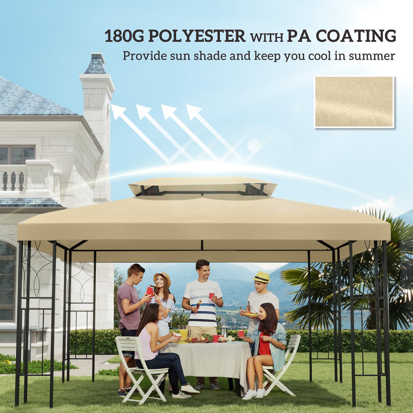 13.1' x 9.8' Gazebo Replacement Canopy 2 Tier Top UV Cover Pavilion Garden Patio Outdoor, Beige (TOP ONLY)