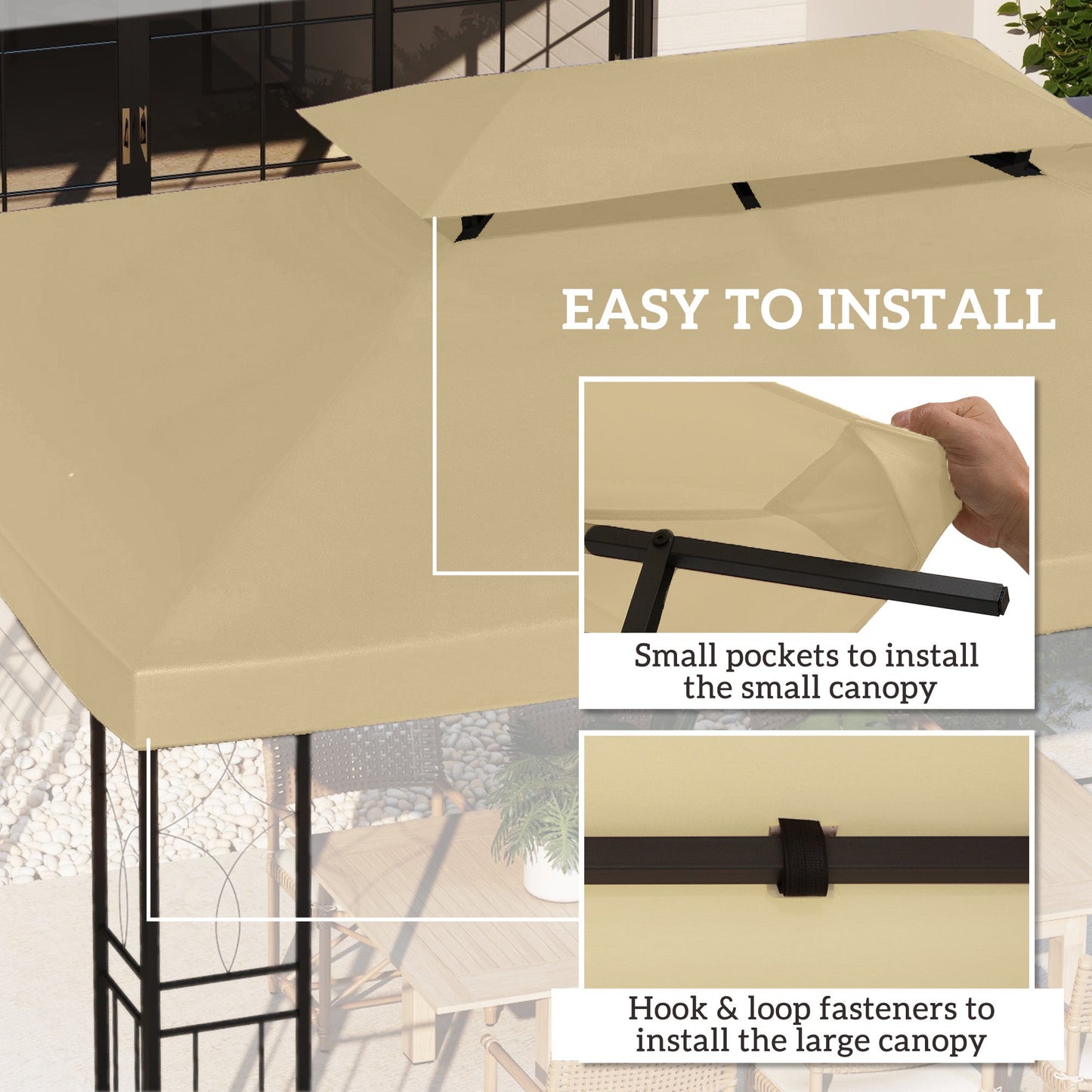 13.1' x 9.8' Gazebo Replacement Canopy 2 Tier Top UV Cover Pavilion Garden Patio Outdoor, Beige (TOP ONLY)