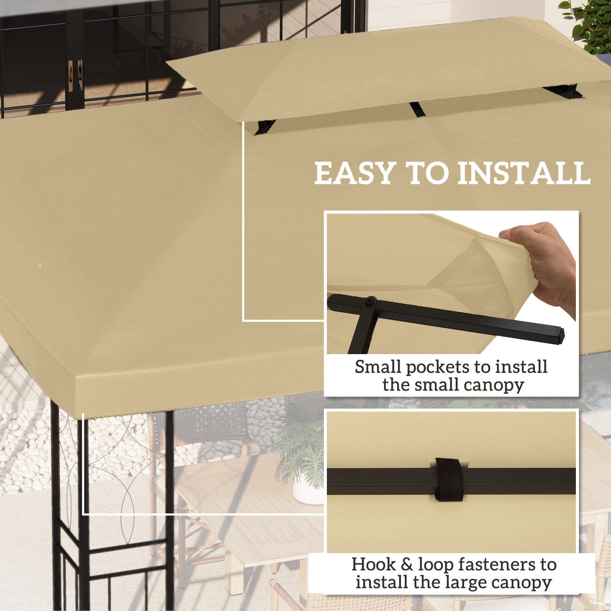 13.1' x 9.8' Gazebo Replacement Canopy 2 Tier Top UV Cover Pavilion Garden Patio Outdoor, Beige (TOP ONLY)