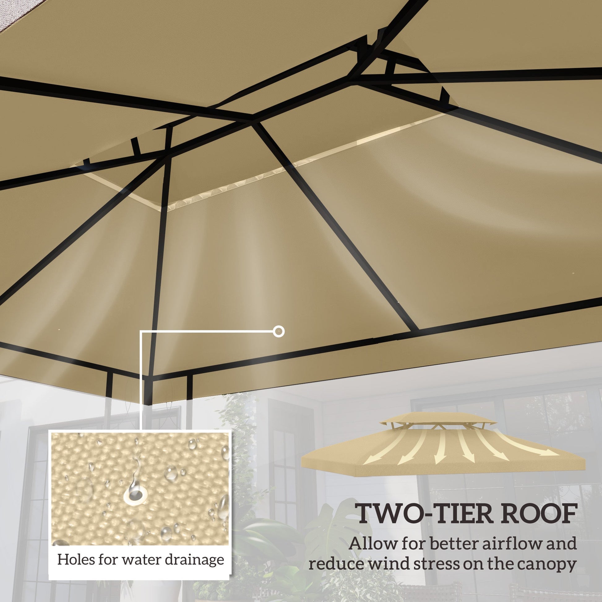 13.1' x 9.8' Gazebo Replacement Canopy 2 Tier Top UV Cover Pavilion Garden Patio Outdoor, Beige (TOP ONLY)
