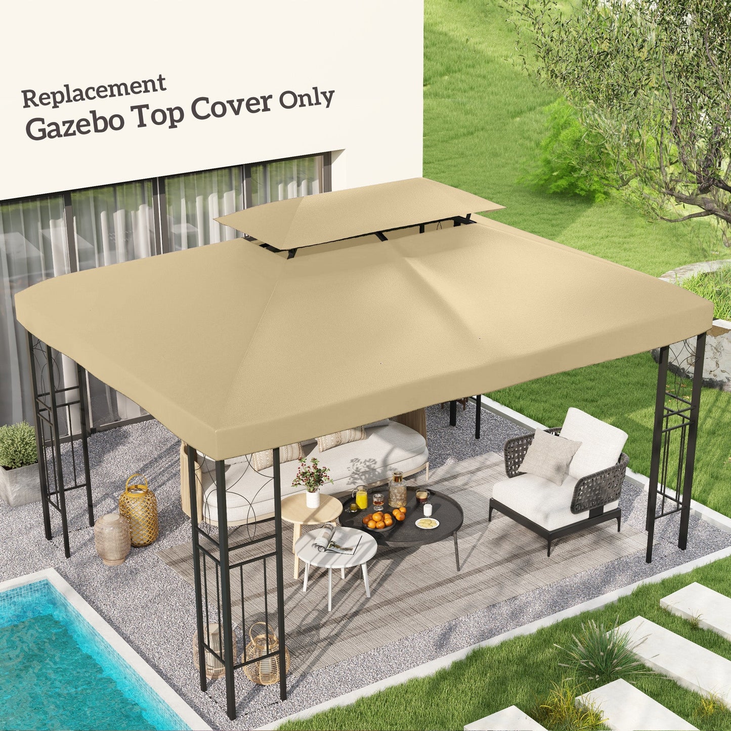 13.1' x 9.8' Gazebo Replacement Canopy 2 Tier Top UV Cover Pavilion Garden Patio Outdoor, Beige (TOP ONLY)