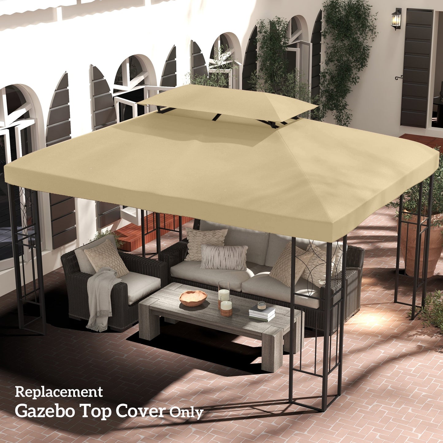 13.1' x 9.8' Gazebo Replacement Canopy 2 Tier Top UV Cover Pavilion Garden Patio Outdoor, Beige (TOP ONLY)