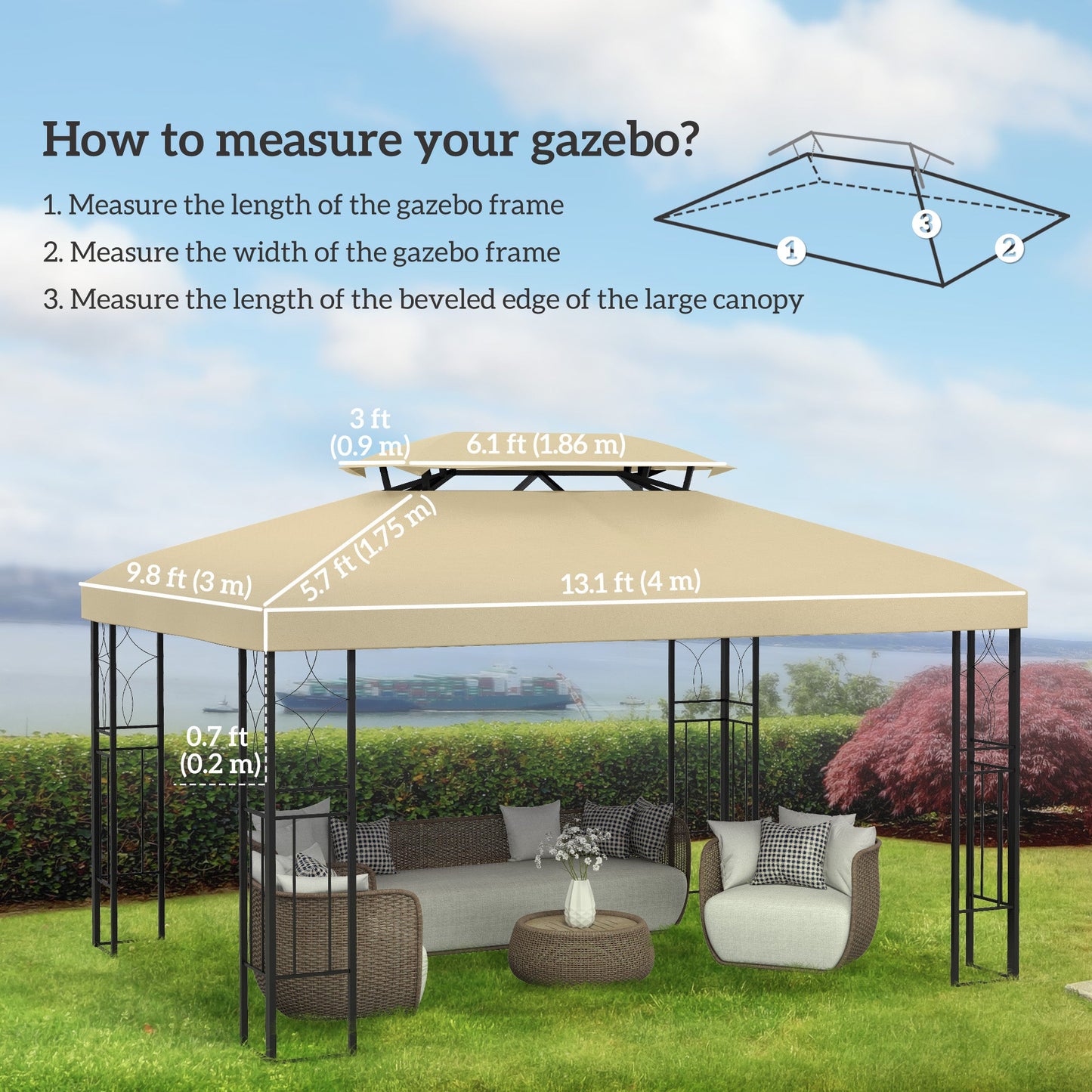 13.1' x 9.8' Gazebo Replacement Canopy 2 Tier Top UV Cover Pavilion Garden Patio Outdoor, Beige (TOP ONLY)