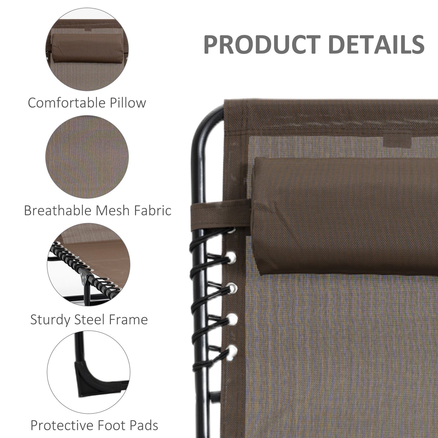 Folding Lounge Chair, Reclining Tanning Chair, Portable Sun Lounger with Adjustable Backrest and Removable Pillow for Patio, Garden, Beach, Brown