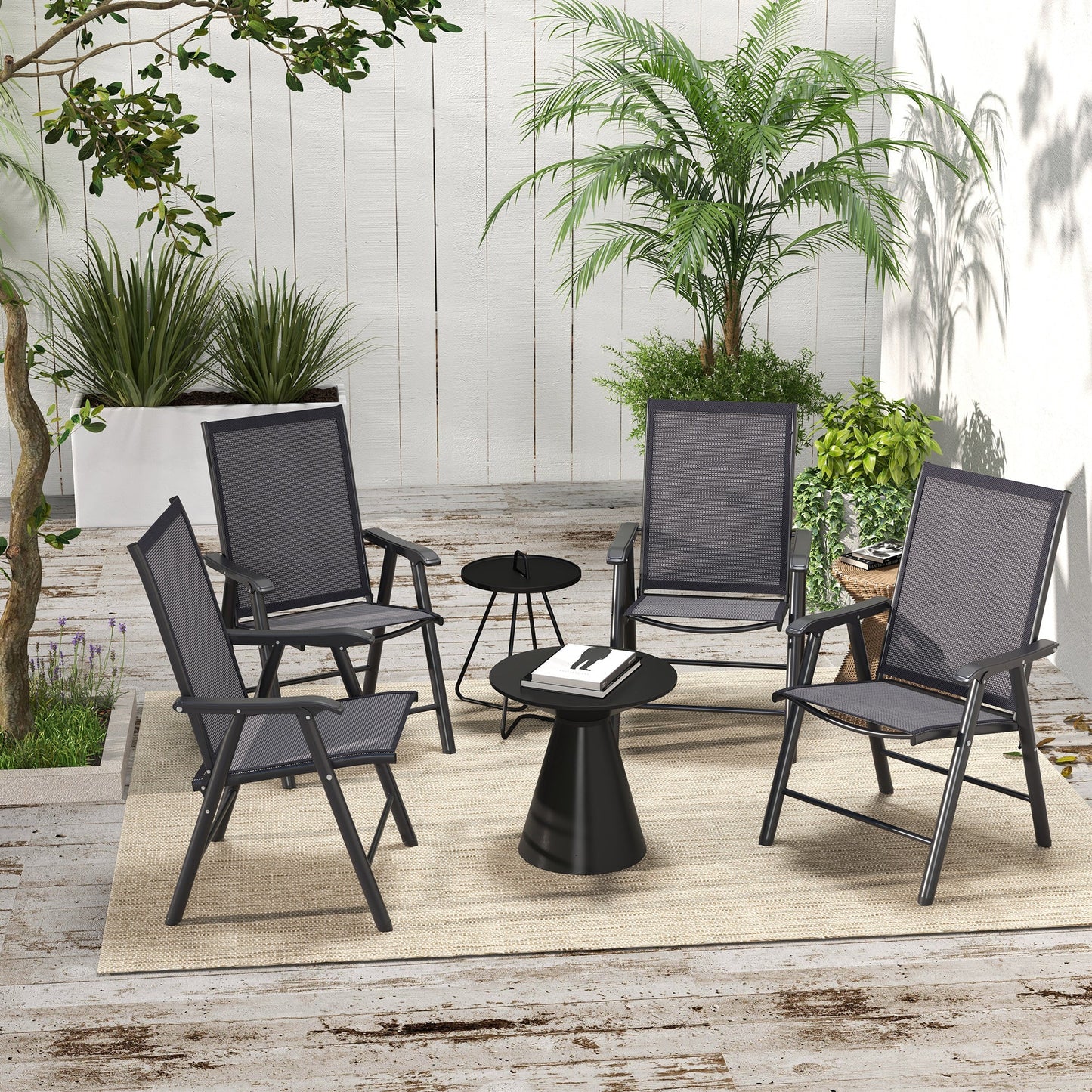 4-Piece Folding Dining Chair Set for Relaxing on Patio, Balcony, or Garden, Comfortable Outdoor Furniture with Armrests, Dark Grey
