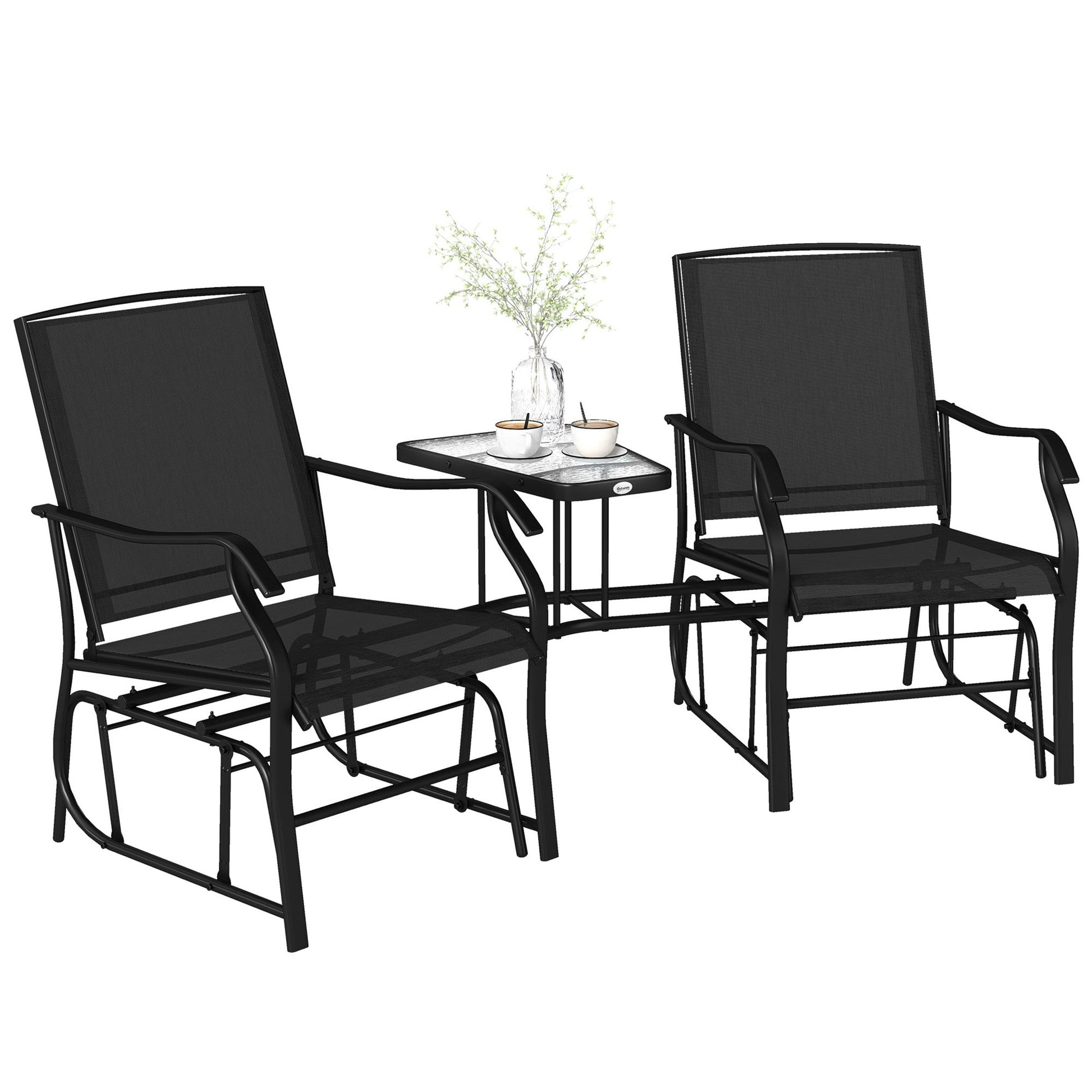 Double Patio Glider Chair with Glass Top Center Table, Outdoor Glider Loveseat with High Back,  All Weather Breathable Mesh Fabric for Garden, Backyard, Deck, Black