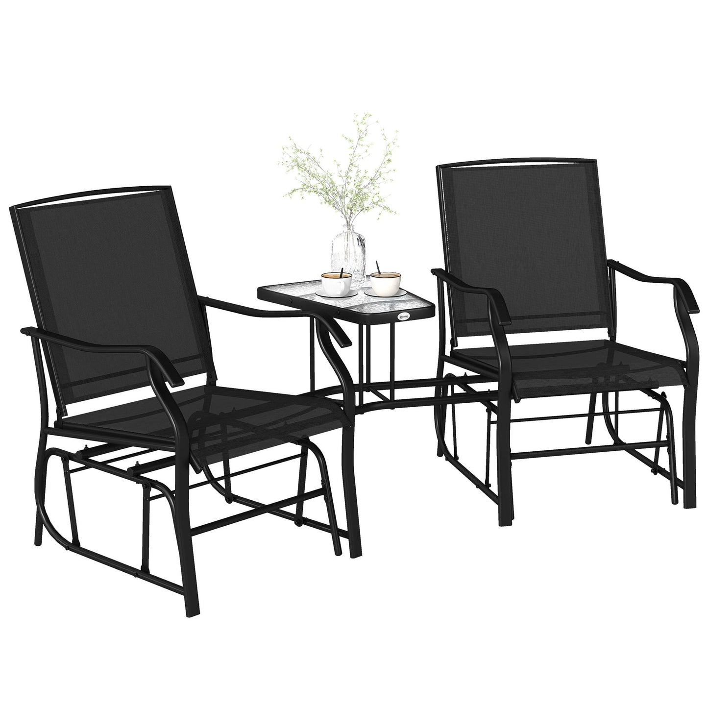 Double Patio Glider Chair with Glass Top Center Table, Outdoor Glider Loveseat with High Back,  All Weather Breathable Mesh Fabric for Garden, Backyard, Deck, Black