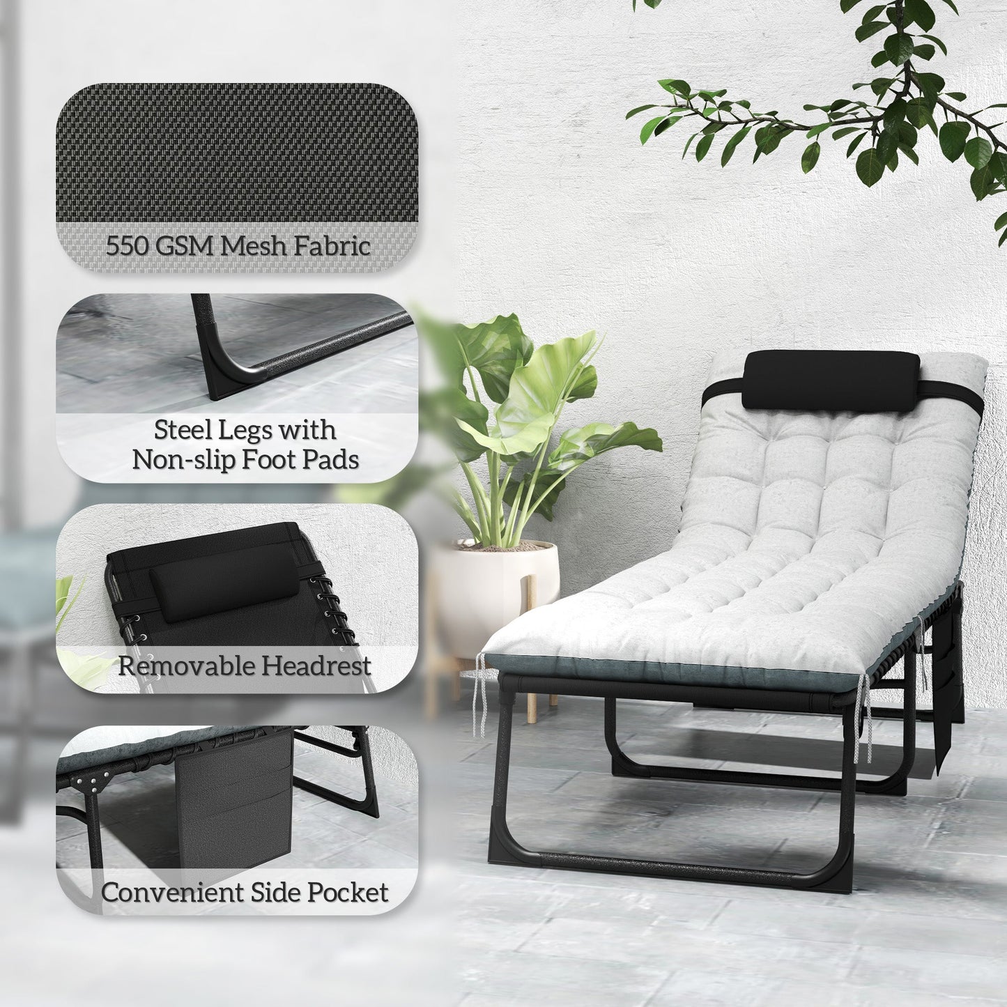 Folding Outdoor Lounge Chair Set of 2, 5-Position Reclining Patio Chaise Lounge Chairs, Tanning Chair with Cushion, Headrest, Side Pocket for Beach, Poolside, Black/Grey