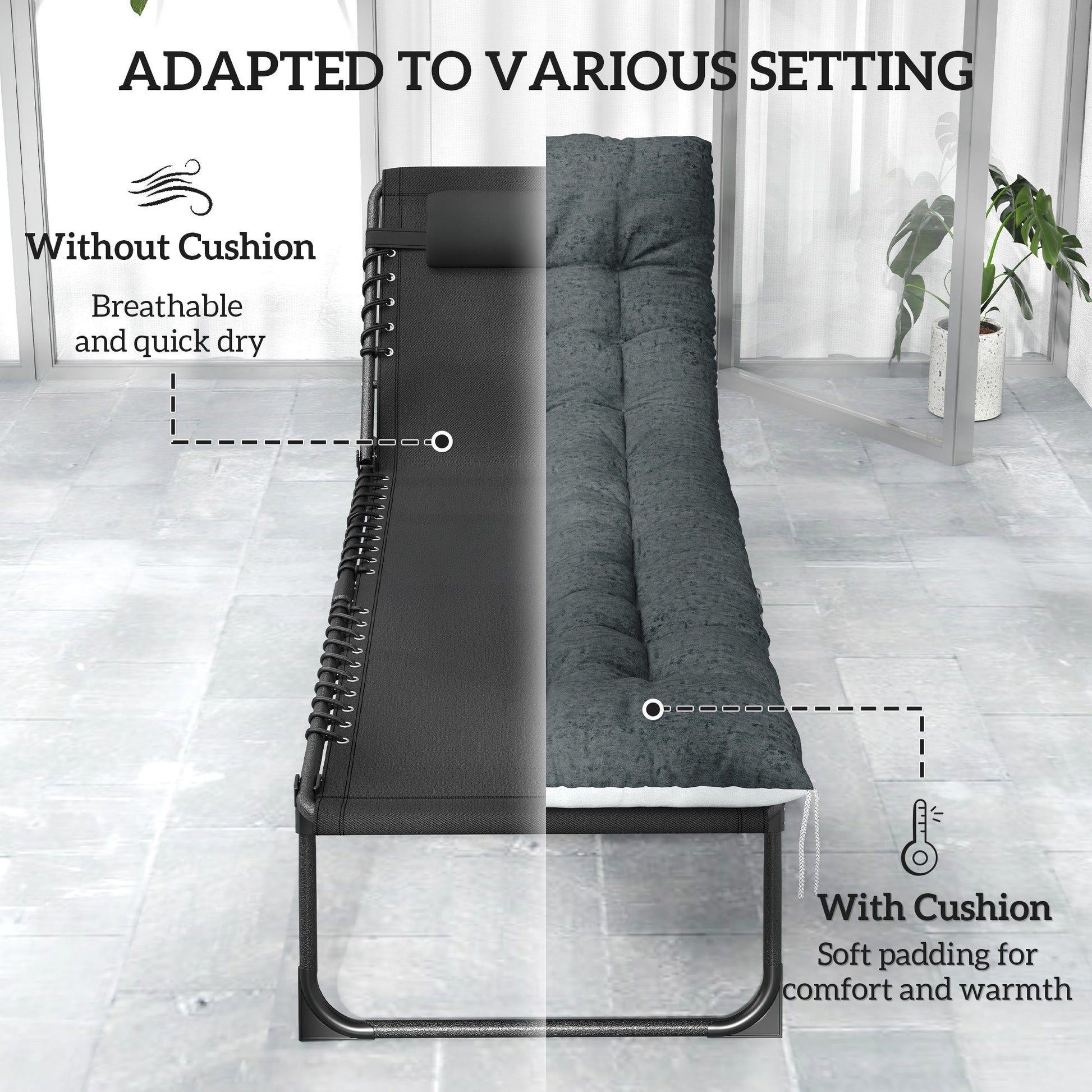 Folding Outdoor Lounge Chair Set of 2, 5-Position Reclining Patio Chaise Lounge Chairs, Tanning Chair with Cushion, Headrest, Side Pocket for Beach, Poolside, Black/Grey