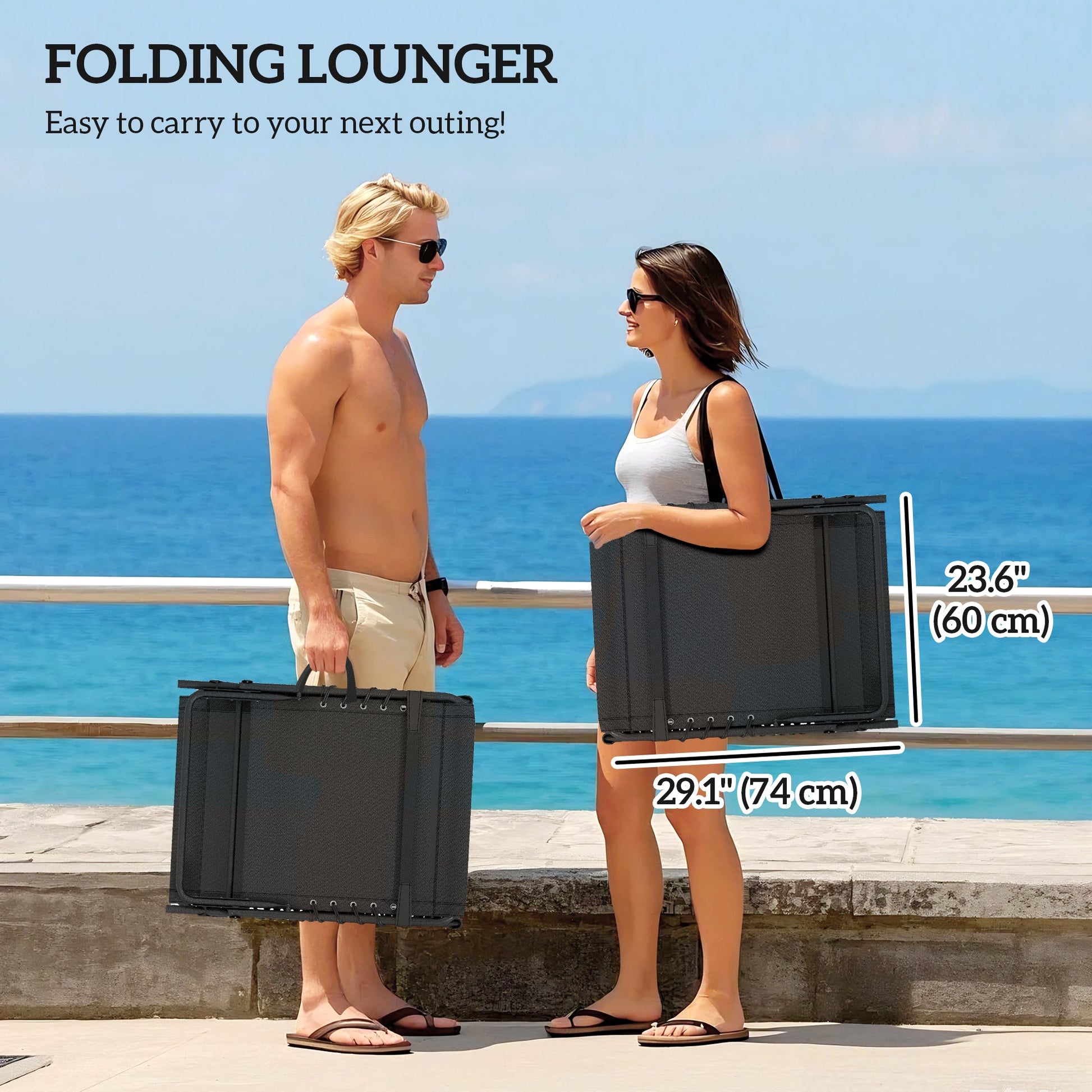 Folding Outdoor Lounge Chair Set of 2, 5-Position Reclining Patio Chaise Lounge Chairs, Tanning Chair with Cushion, Headrest, Side Pocket for Beach, Poolside, Black/Grey