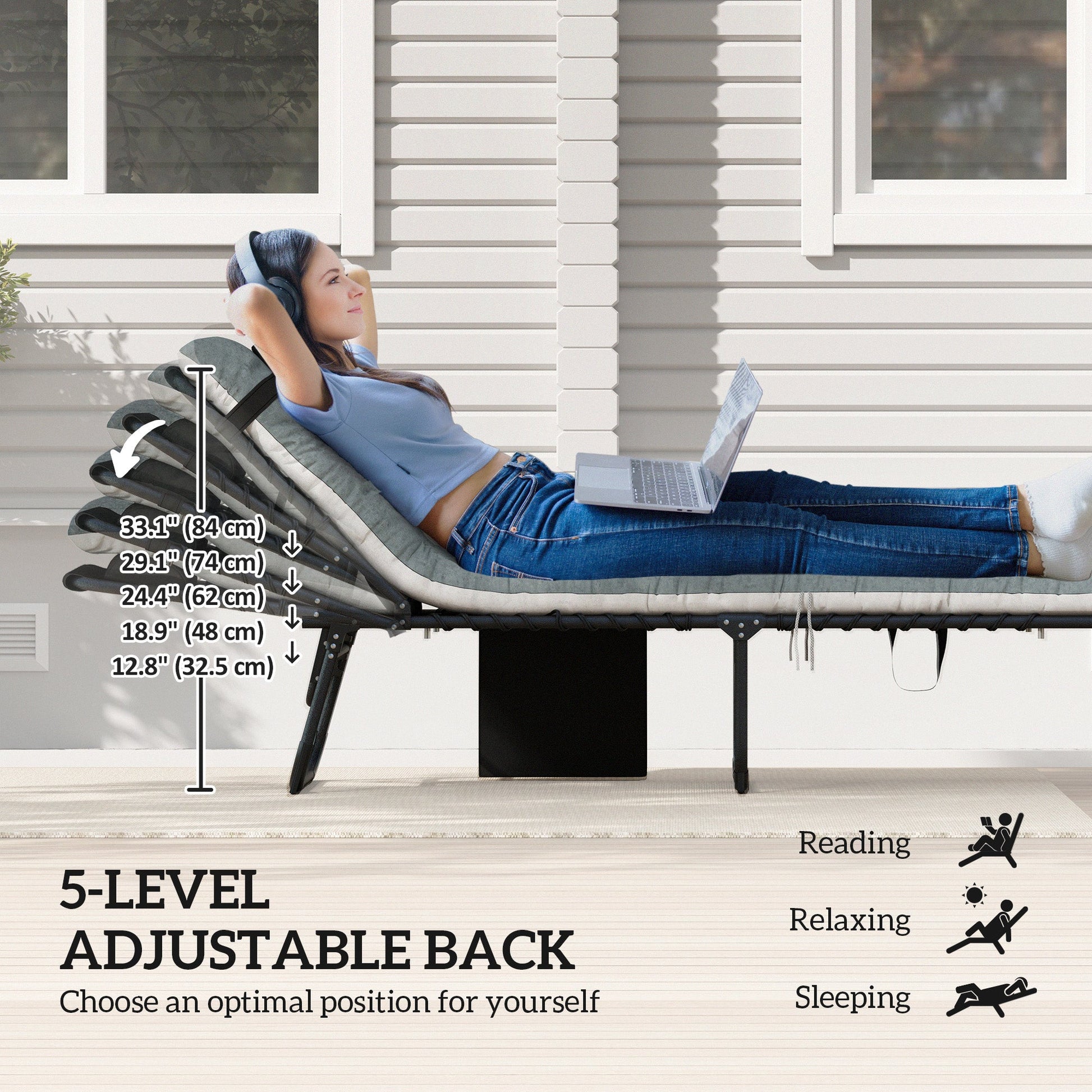 Folding Outdoor Lounge Chair Set of 2, 5-Position Reclining Patio Chaise Lounge Chairs, Tanning Chair with Cushion, Headrest, Side Pocket for Beach, Poolside, Black/Grey