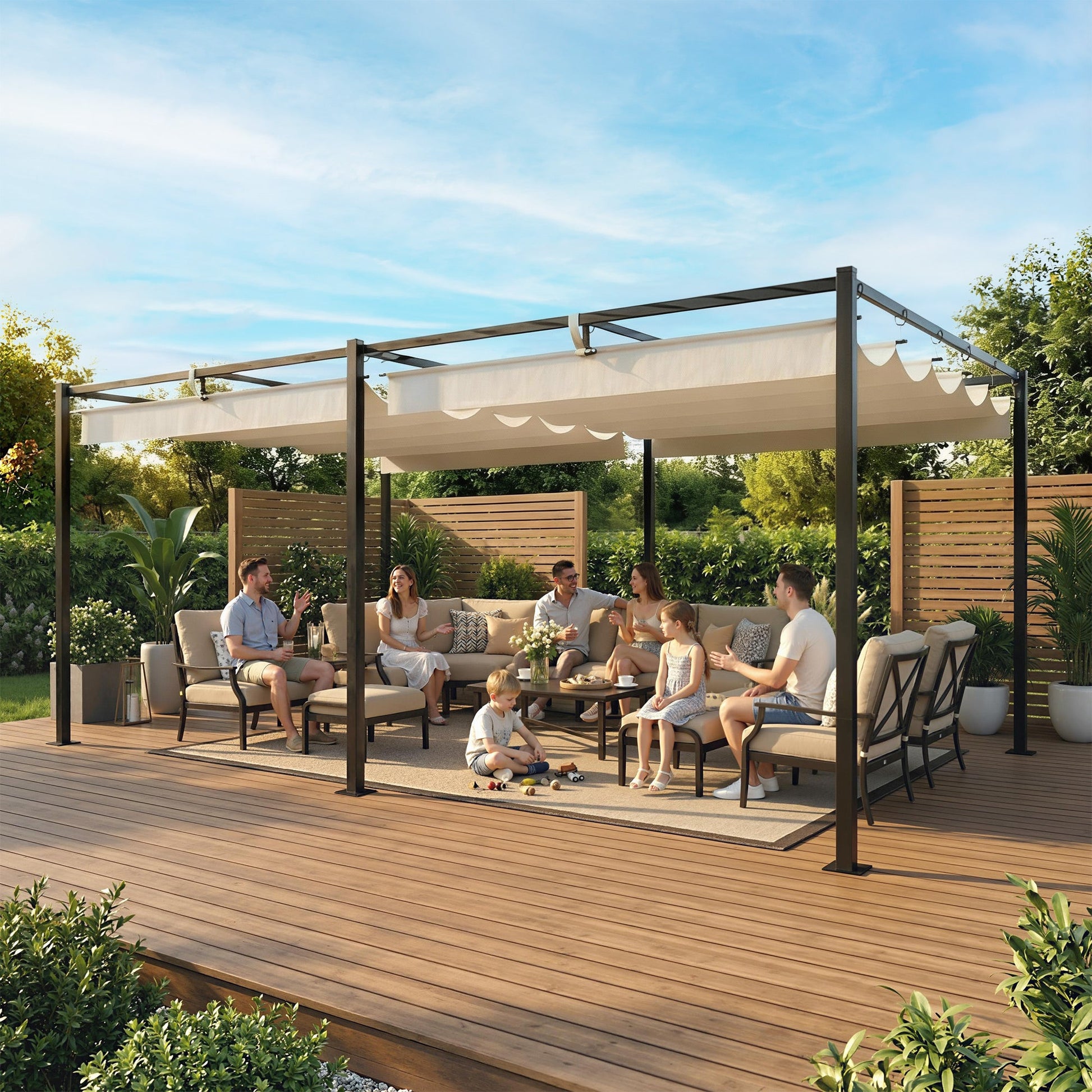 19' x 10' Pergola with Retractable Canopy, Patio Pergola with Sun Shade Shelter, UV50+ and Water-Repellent for Patio, Garden, Cream White