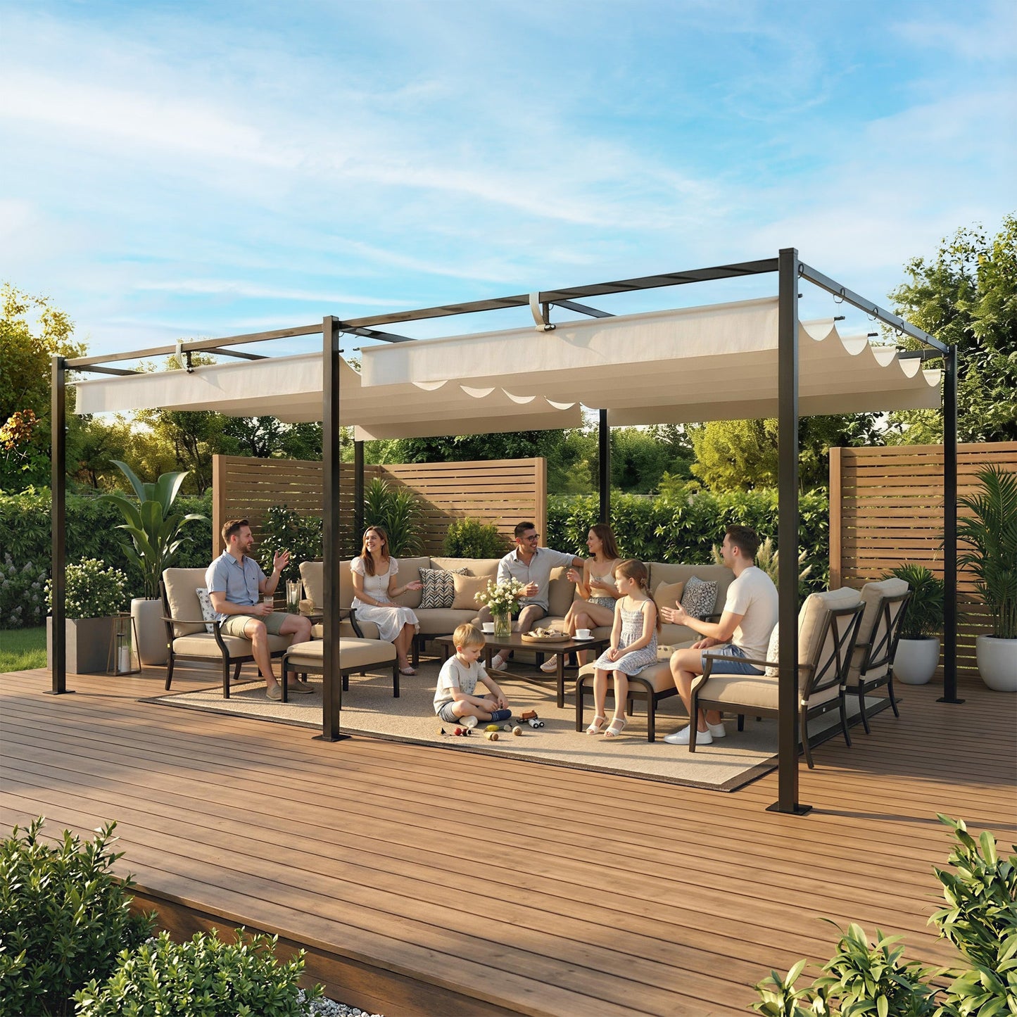 19' x 10' Pergola with Retractable Canopy, Patio Pergola with Sun Shade Shelter, UV50+ and Water-Repellent for Patio, Garden, Cream White