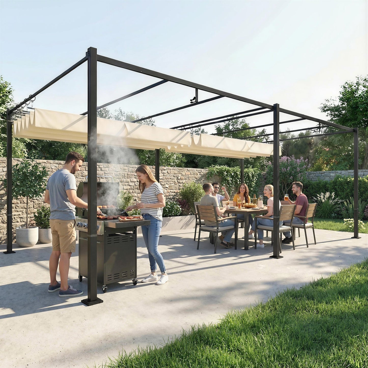 19' x 10' Pergola with Retractable Canopy, Patio Pergola with Sun Shade Shelter, UV50+ and Water-Repellent for Patio, Garden, Cream White