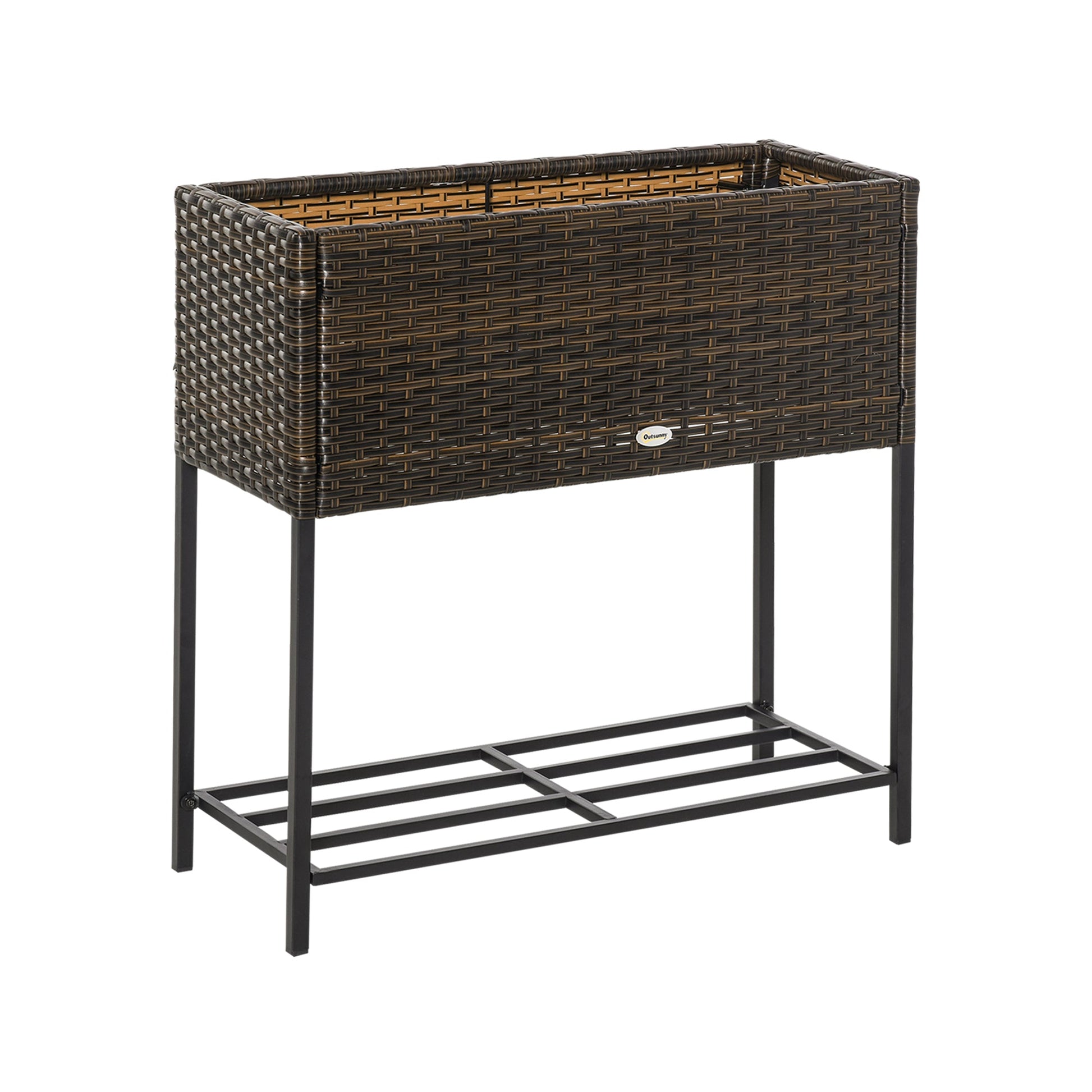 Modern Elevated Metal Raised Garden Bed with Rattan Wicker Look, Underneath Tool Storage Rack, Brown