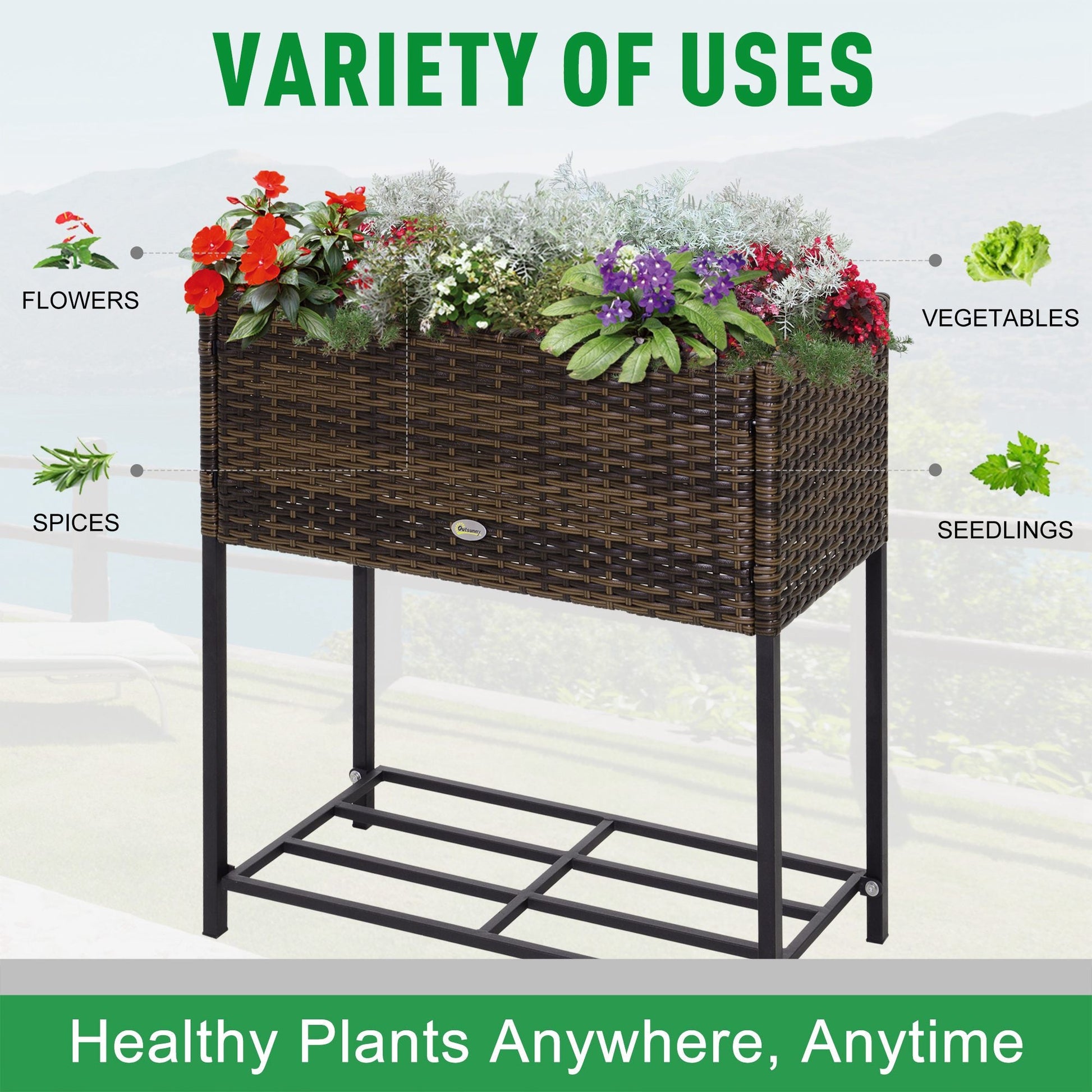 Modern Elevated Metal Raised Garden Bed with Rattan Wicker Look, Underneath Tool Storage Rack, Brown