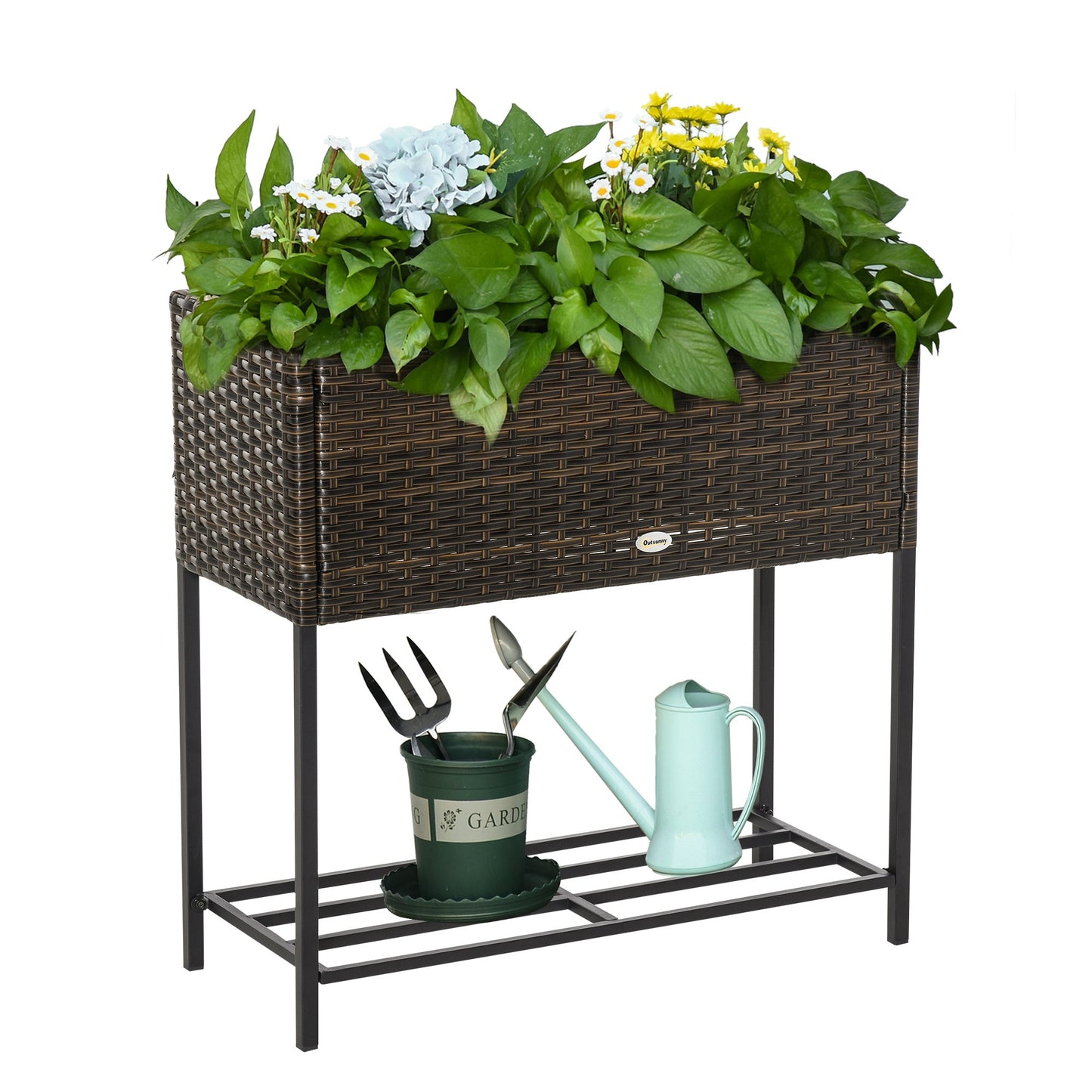 Modern Elevated Metal Raised Garden Bed with Rattan Wicker Look, Underneath Tool Storage Rack, Brown