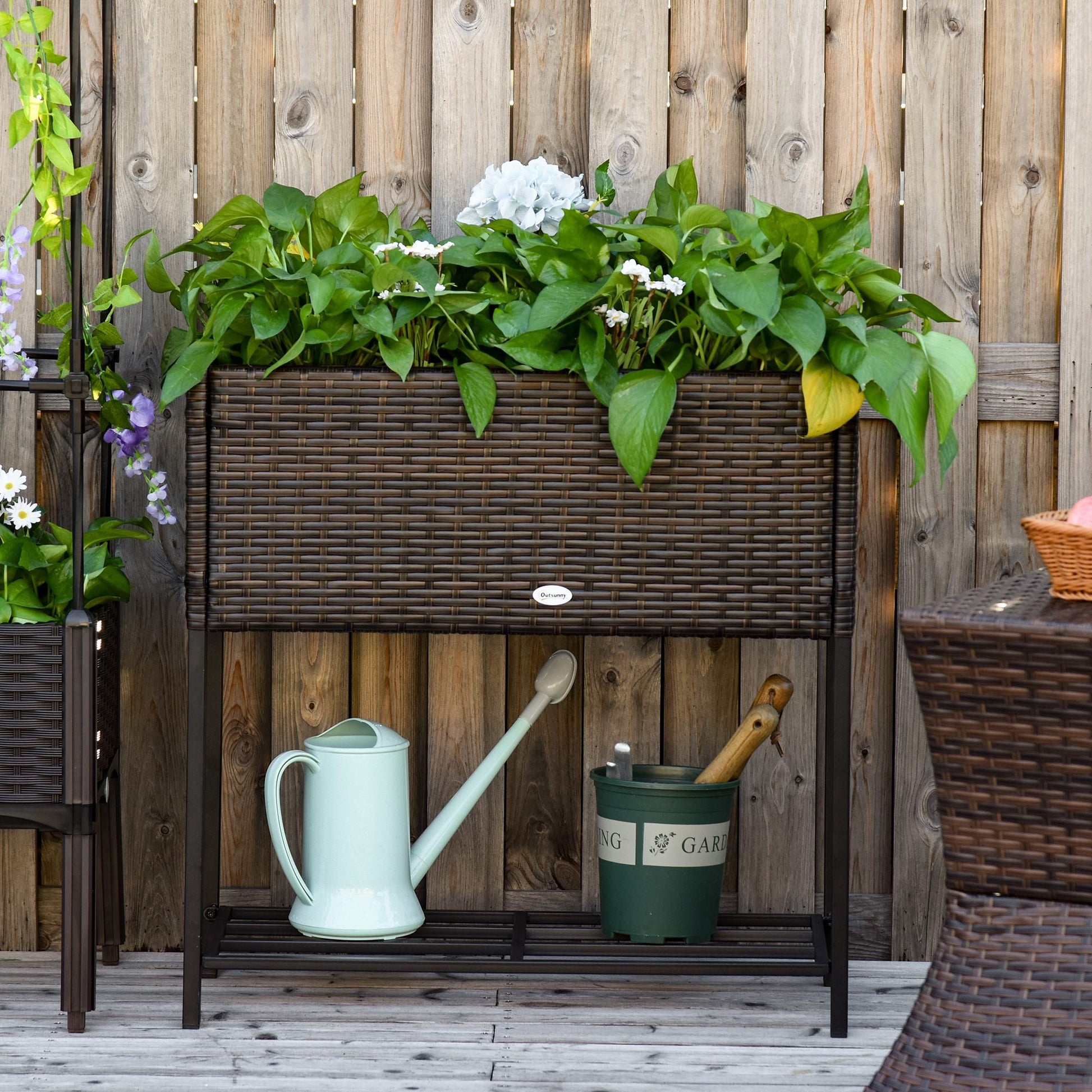 Modern Elevated Metal Raised Garden Bed with Rattan Wicker Look, Underneath Tool Storage Rack, Brown