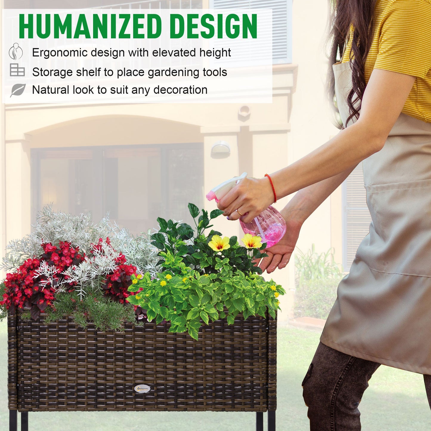 Modern Elevated Metal Raised Garden Bed with Rattan Wicker Look, Underneath Tool Storage Rack, Brown
