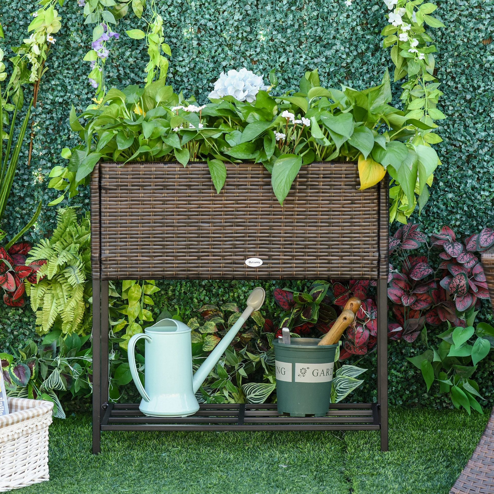 Modern Elevated Metal Raised Garden Bed with Rattan Wicker Look, Underneath Tool Storage Rack, Brown