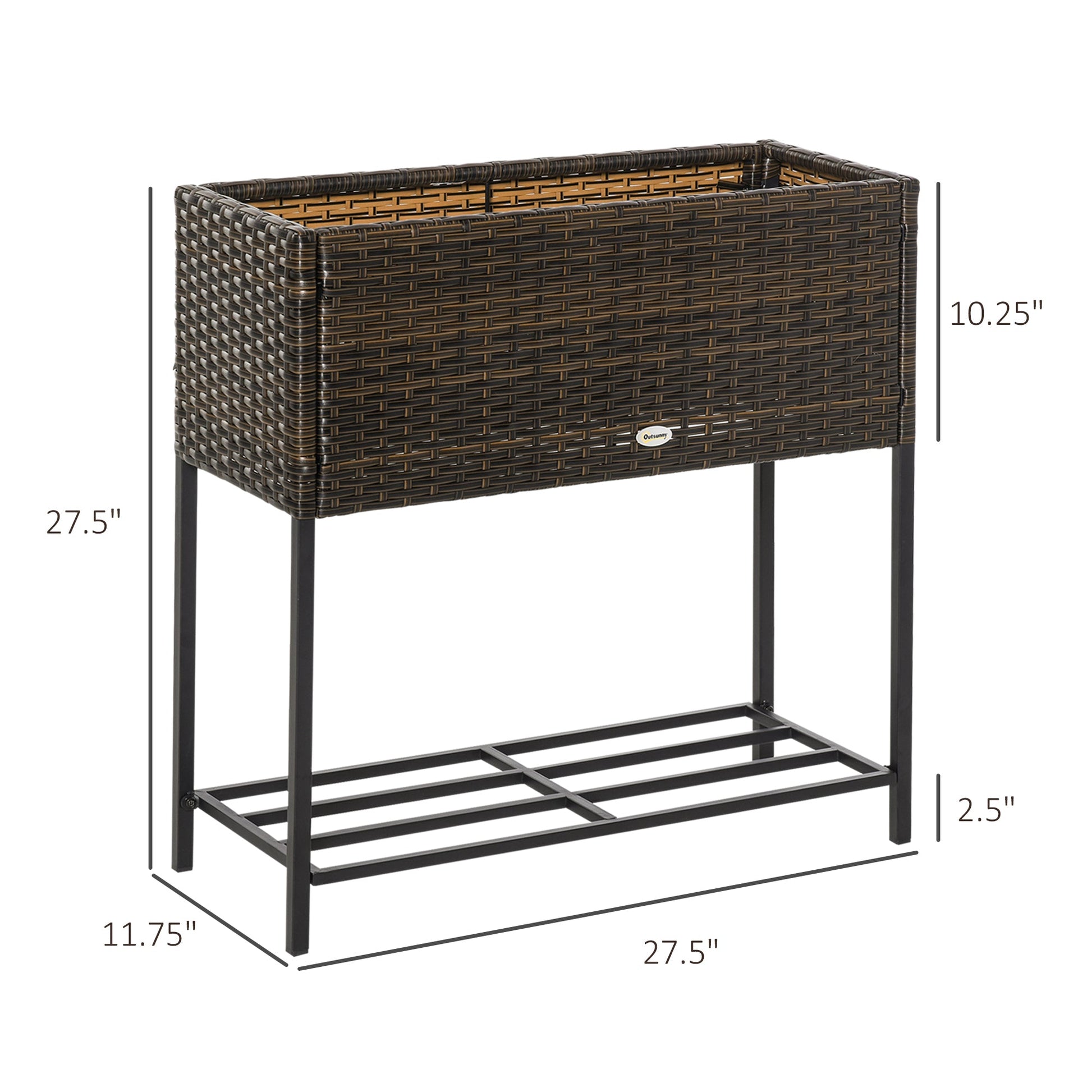 Modern Elevated Metal Raised Garden Bed with Rattan Wicker Look, Underneath Tool Storage Rack, Brown