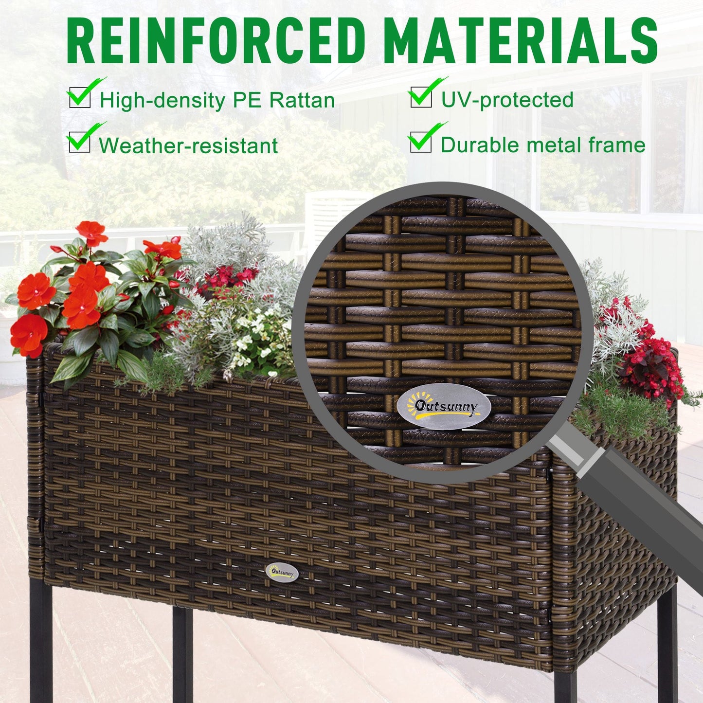 Modern Elevated Metal Raised Garden Bed with Rattan Wicker Look, Underneath Tool Storage Rack, Brown