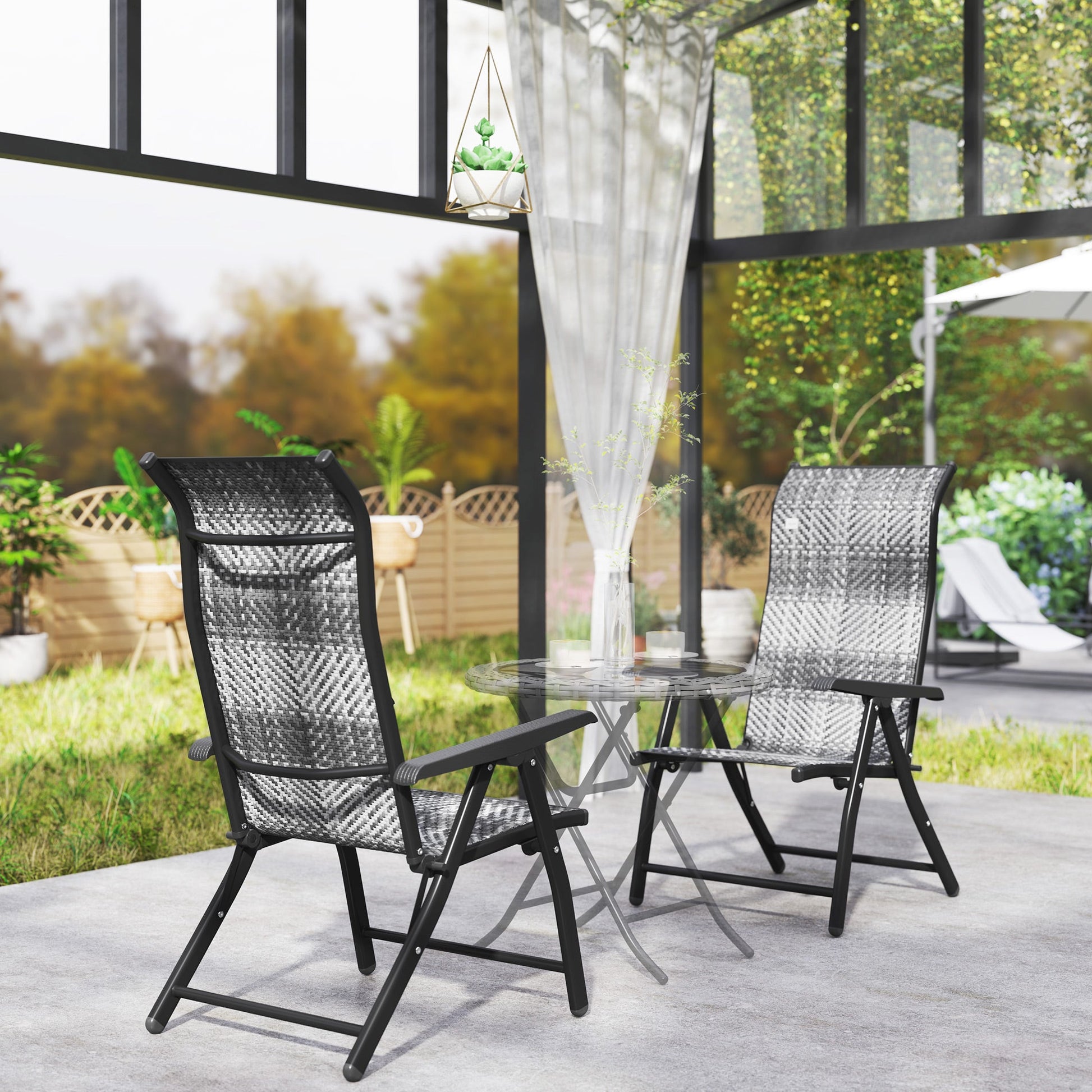 Set of 2 Outdoor Wicker Folding Chairs, Patio PE Rattan Dining Armrests Chair set with 7 Levels Adjustable Backrest, for Outdoors, Camping, Mixed Grey