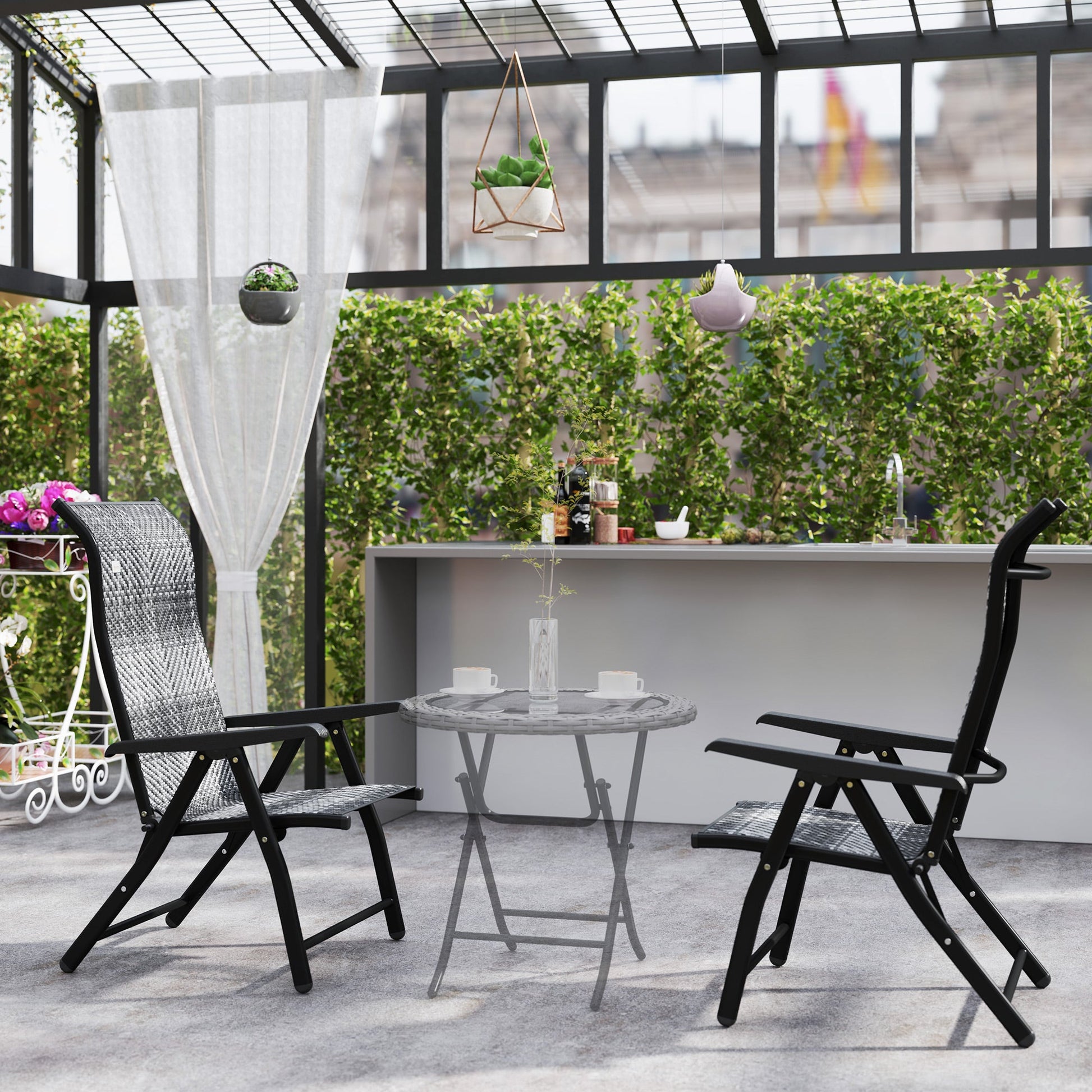Set of 2 Outdoor Wicker Folding Chairs, Patio PE Rattan Dining Armrests Chair set with 7 Levels Adjustable Backrest, for Outdoors, Camping, Mixed Grey