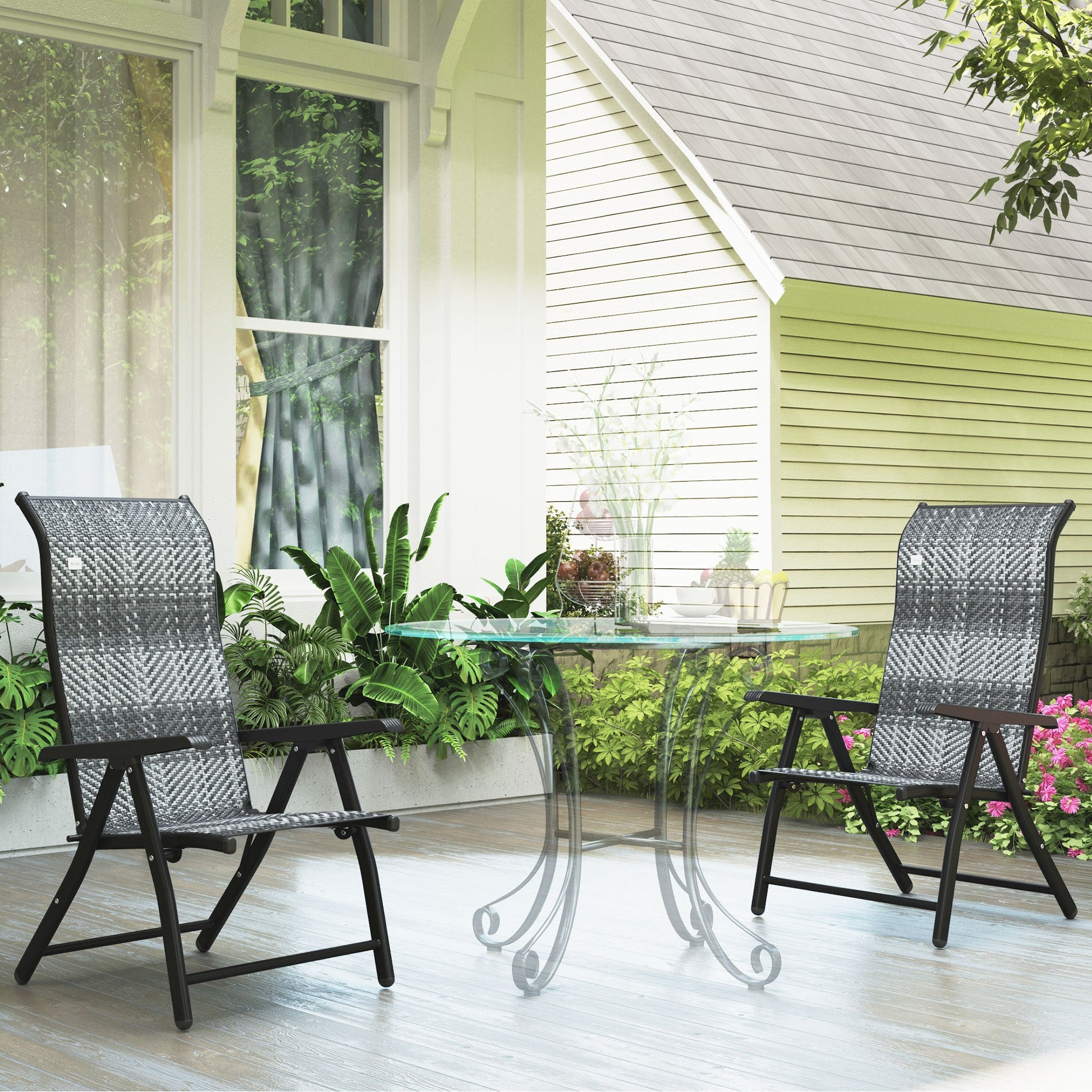 Set of 2 Outdoor Wicker Folding Chairs, Patio PE Rattan Dining Armrests Chair set with 7 Levels Adjustable Backrest, for Outdoors, Camping, Mixed Grey