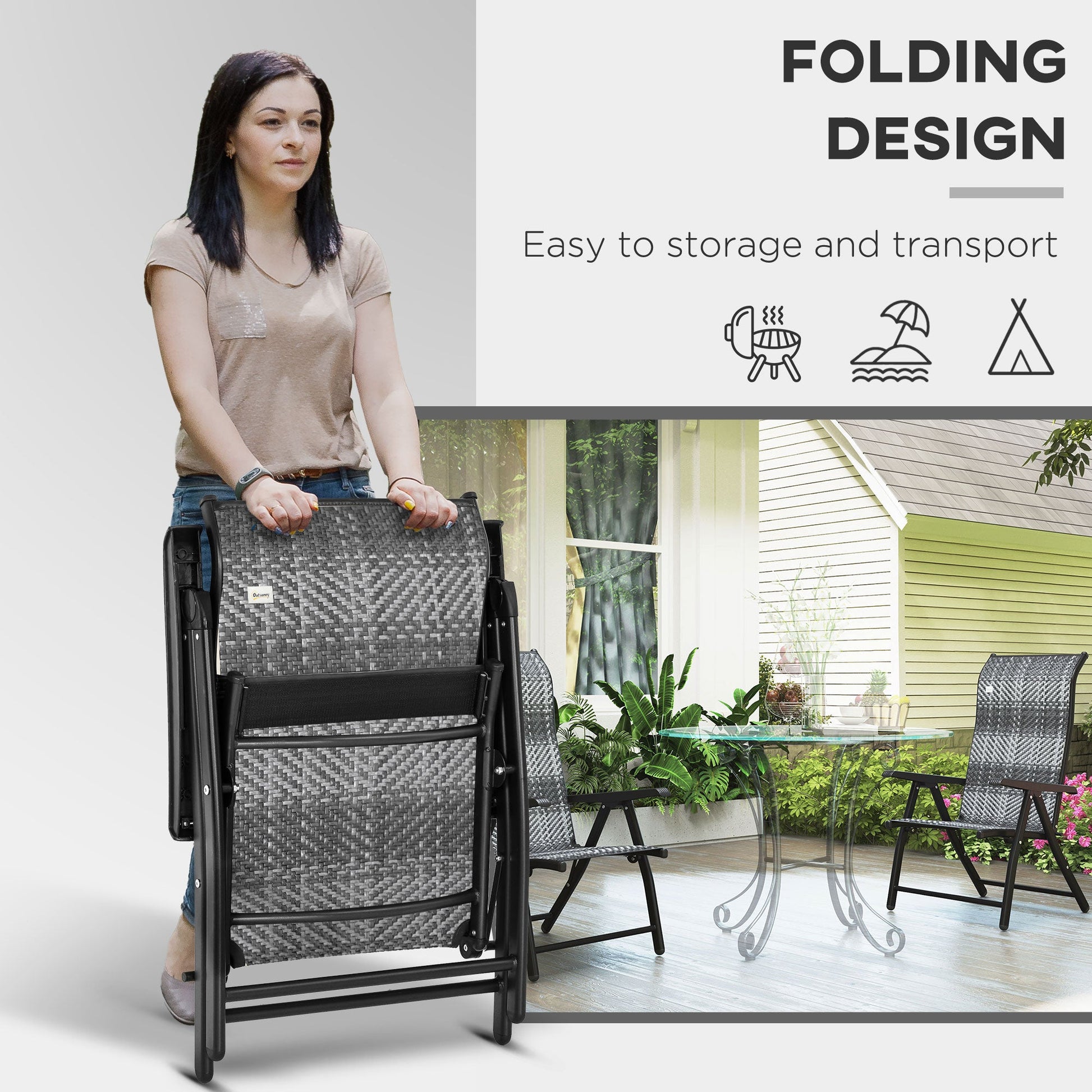 Set of 2 Outdoor Wicker Folding Chairs, Patio PE Rattan Dining Armrests Chair set with 7 Levels Adjustable Backrest, for Outdoors, Camping, Mixed Grey