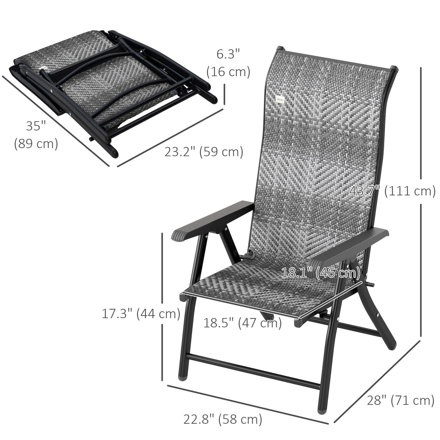 Set of 2 Outdoor Wicker Folding Chairs, Patio PE Rattan Dining Armrests Chair set with 7 Levels Adjustable Backrest, for Outdoors, Camping, Mixed Grey