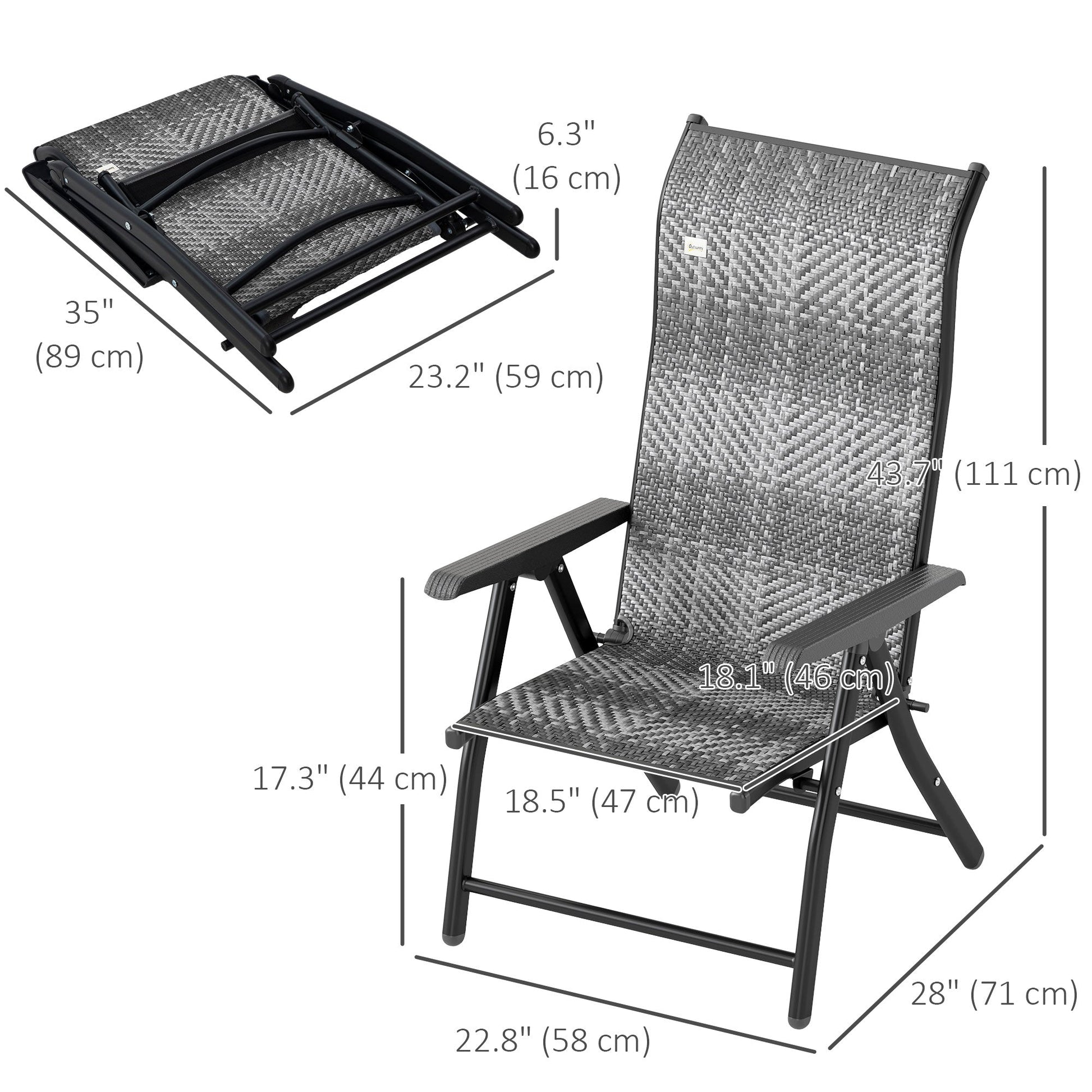 Set of 2 Outdoor Wicker Folding Chairs, Patio PE Rattan Dining Armrests Chair set with 7 Levels Adjustable Backrest, for Outdoors, Camping, Mixed Grey