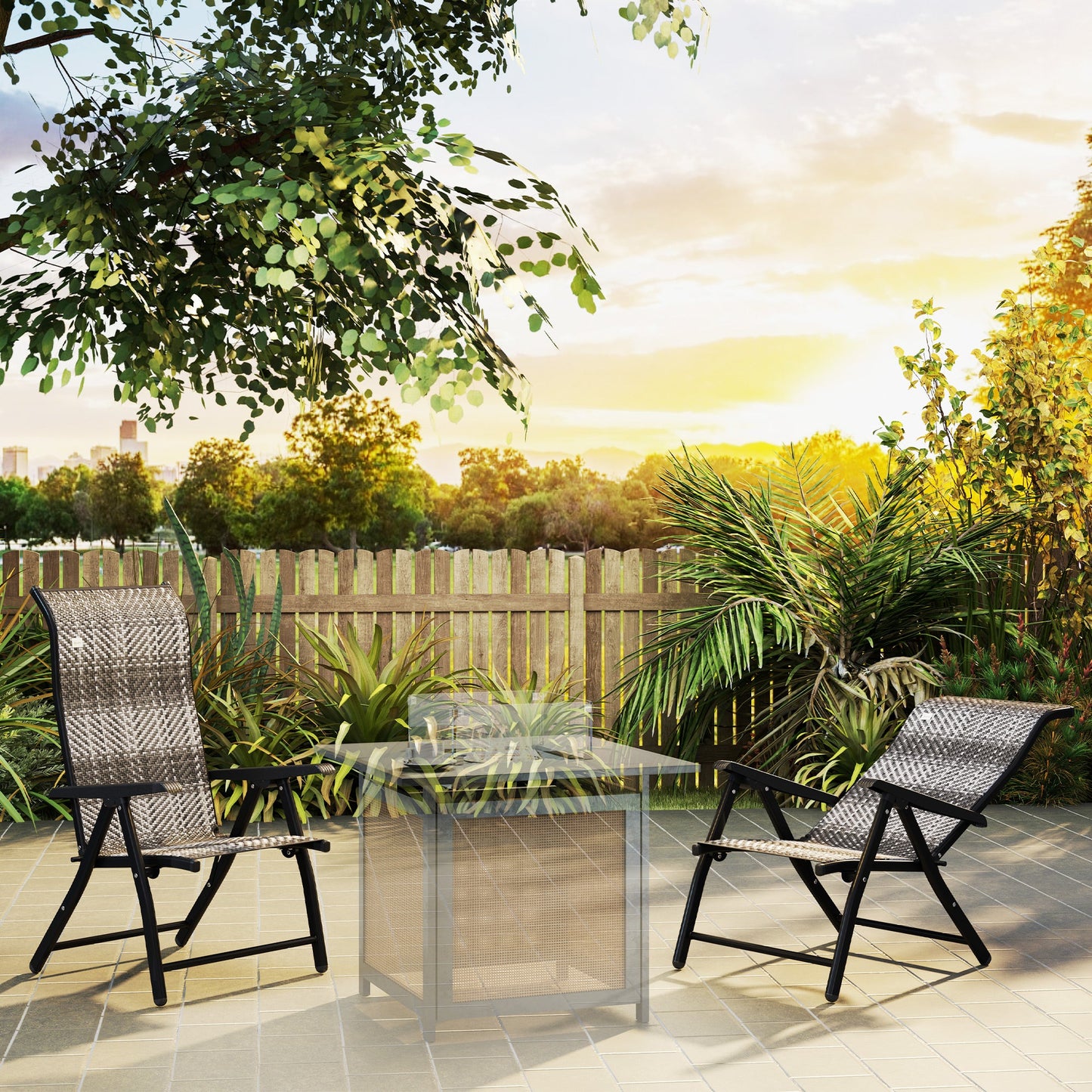 Set of 2 Outdoor Wicker Folding Chairs, Patio PE Rattan Dining Armrests Chair set with 7 Levels Adjustable Backrest, for Outdoors, Camping, Mixed Grey