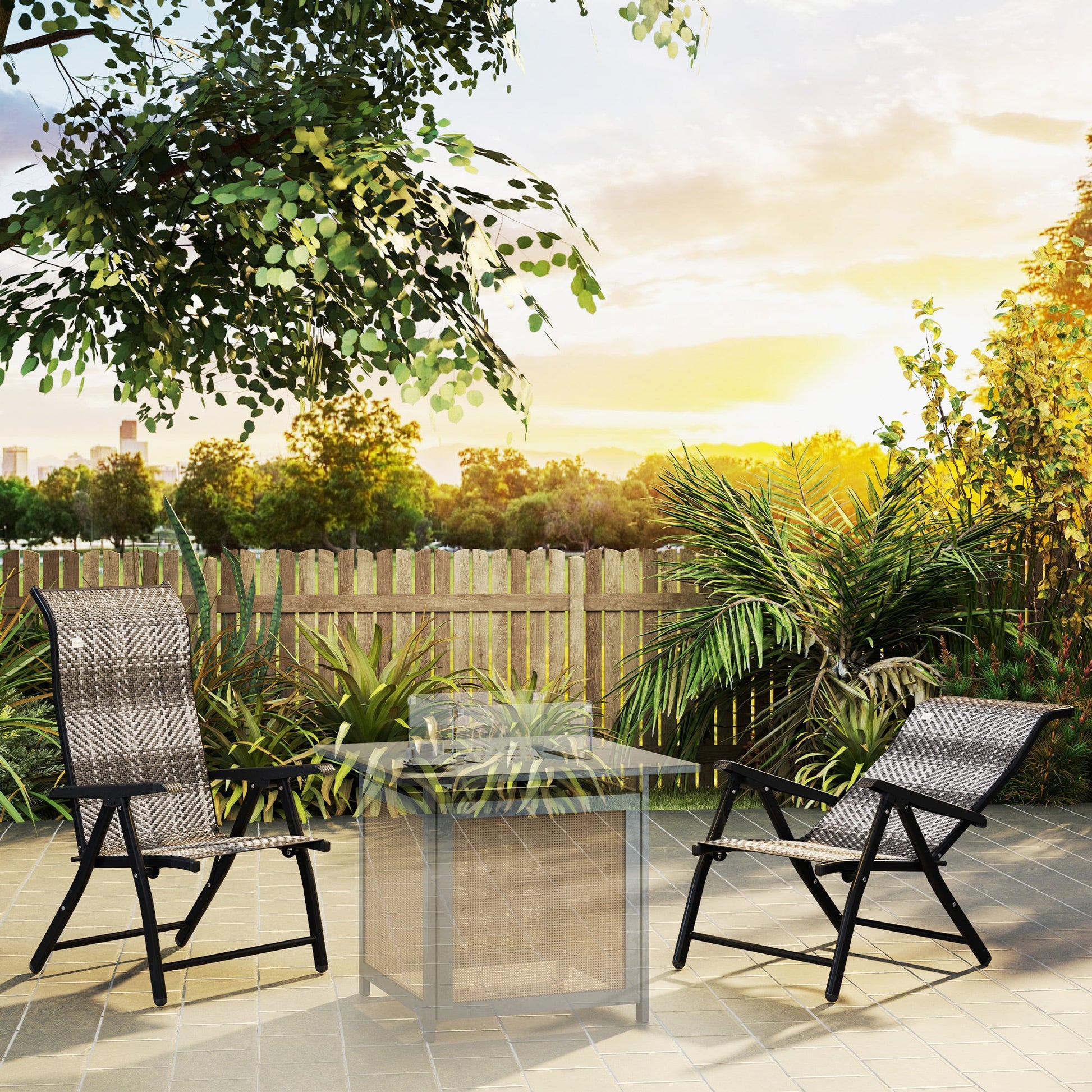 Set of 2 Outdoor Wicker Folding Chairs, Patio PE Rattan Dining Armrests Chair set with 7 Levels Adjustable Backrest, for Outdoors, Camping, Mixed Grey