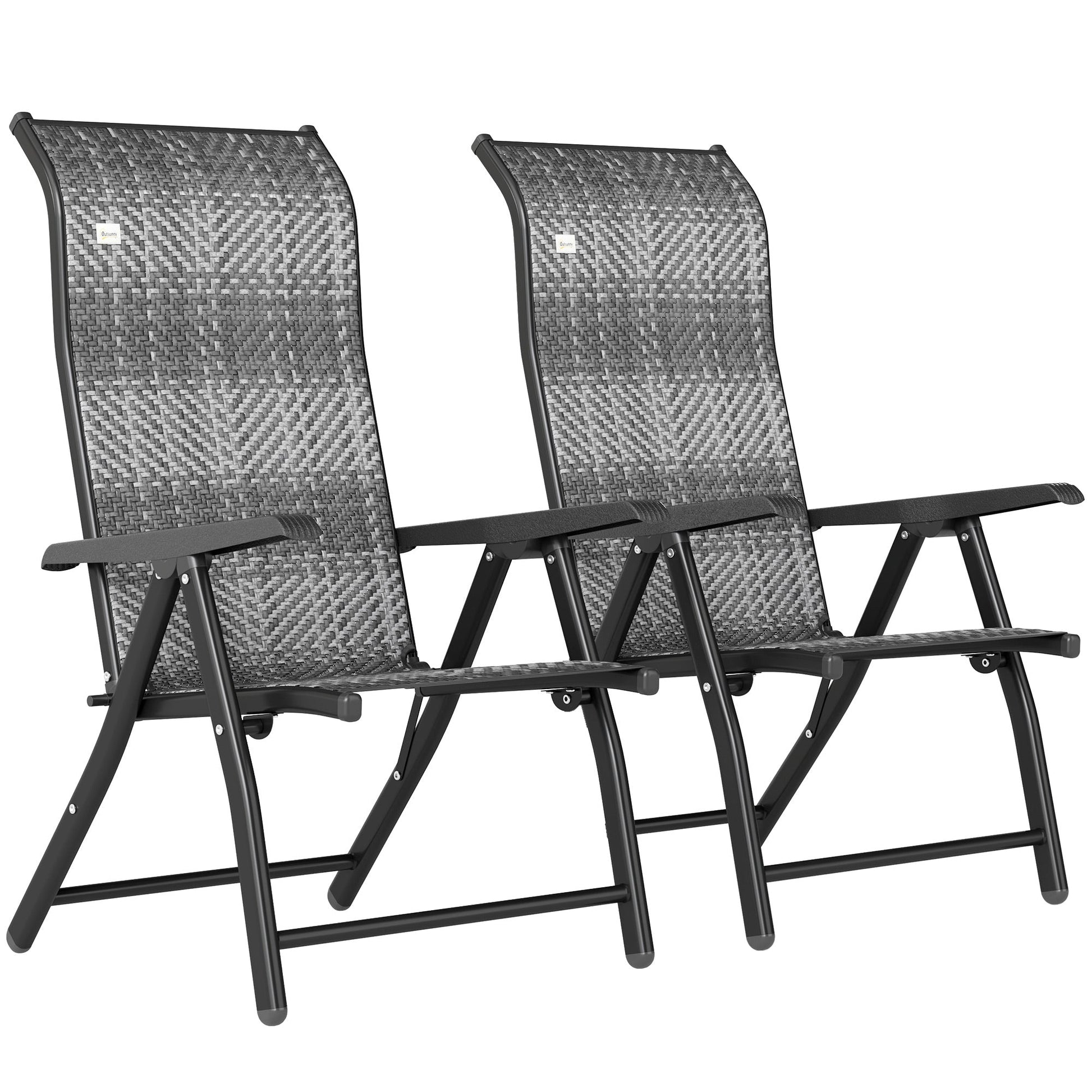 Set of 2 Outdoor Wicker Folding Chairs, Patio PE Rattan Dining Armrests Chair set with 7 Levels Adjustable Backrest, for Outdoors, Camping, Mixed Grey