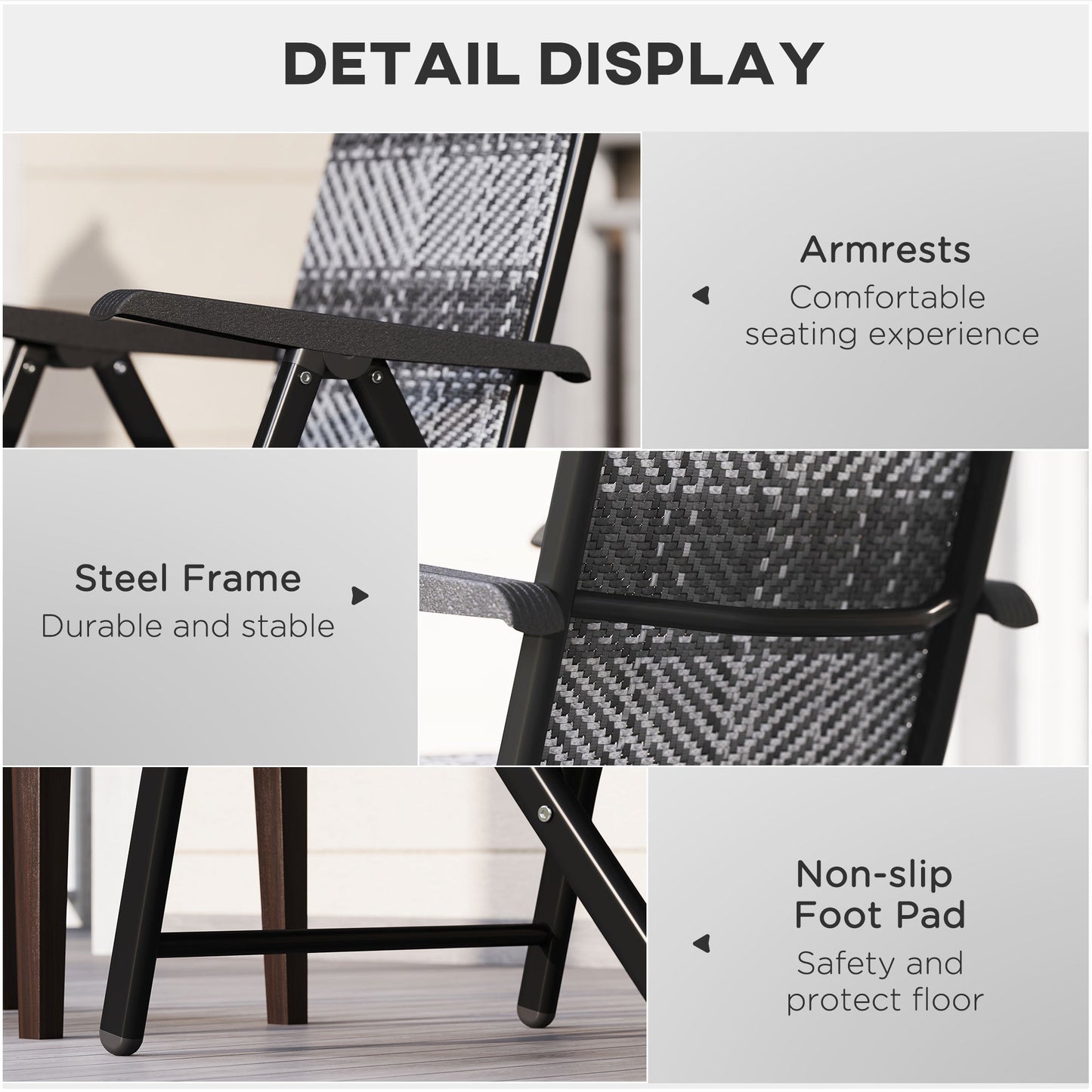 Set of 2 Outdoor Wicker Folding Chairs, Patio PE Rattan Dining Armrests Chair set with 7 Levels Adjustable Backrest, for Outdoors, Camping, Mixed Grey