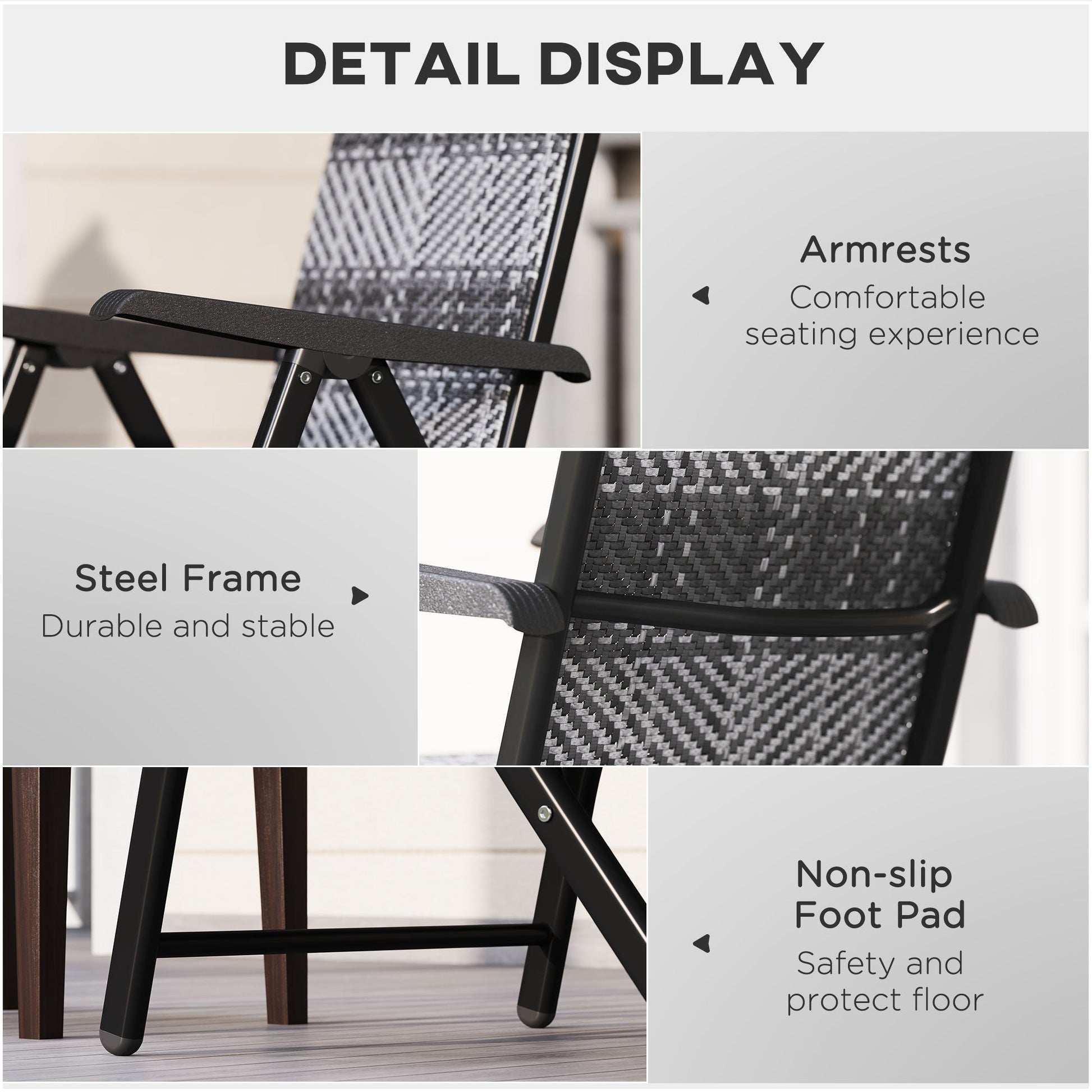 Set of 2 Outdoor Wicker Folding Chairs, Patio PE Rattan Dining Armrests Chair set with 7 Levels Adjustable Backrest, for Outdoors, Camping, Mixed Grey