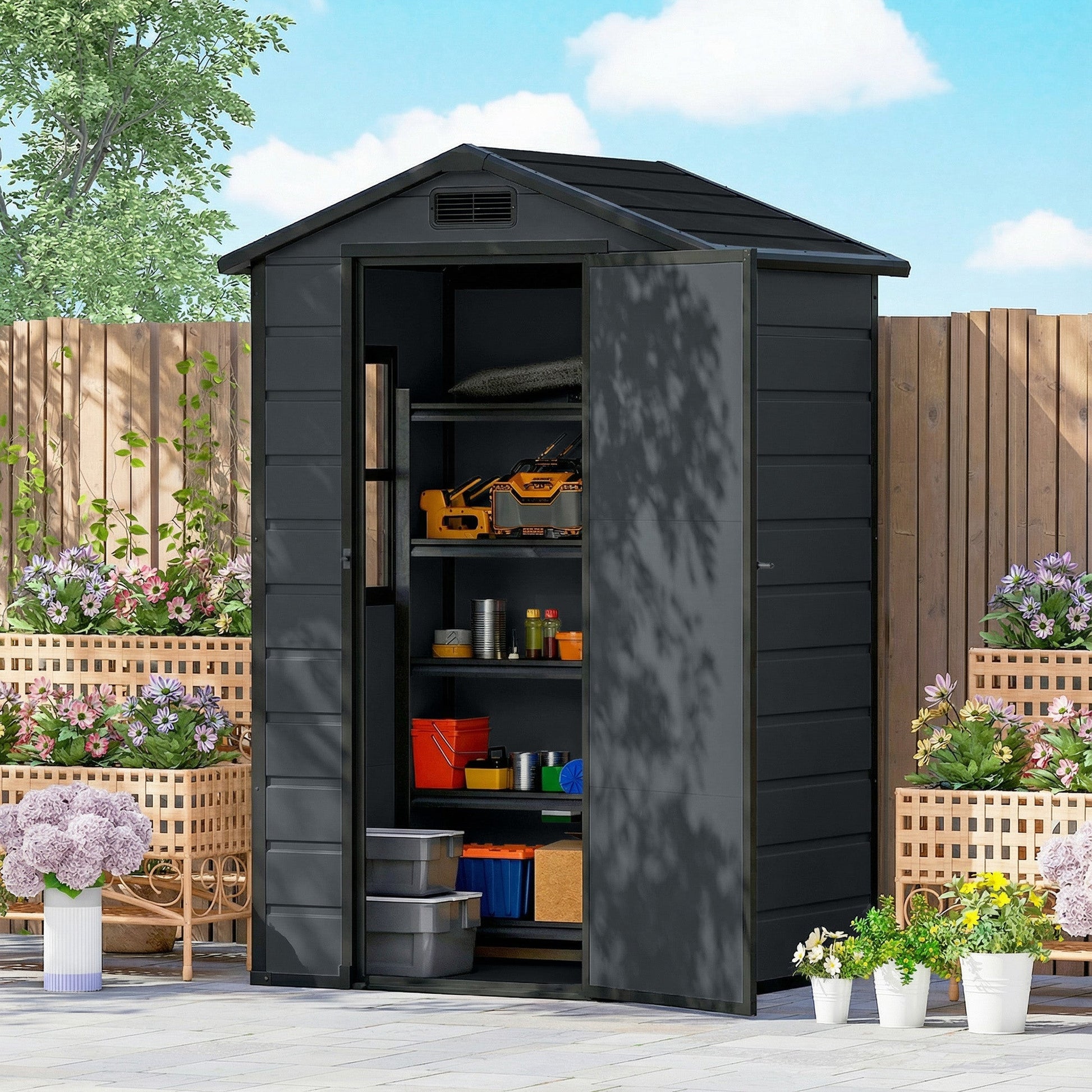4' x 3' Plastic Garden Shed with Floor, Outdoor Storage Shed with Lockable Door, Window and Vent for Backyard, Patio, Garage, Lawn, Dark Grey