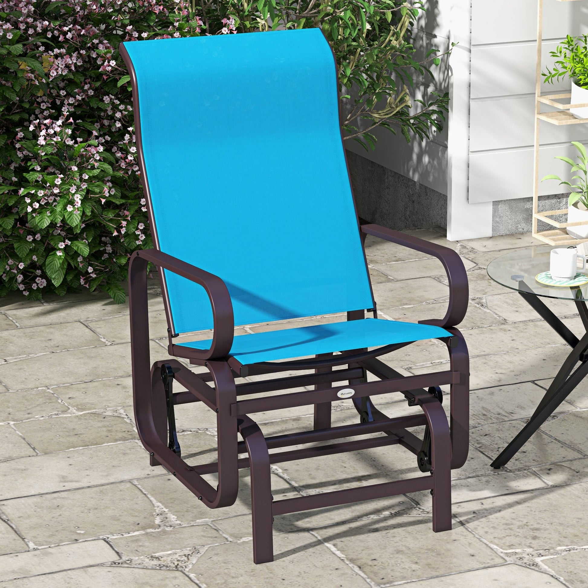 Patio Glider with Breathable Mesh Fabric, Outdoor Glider Chair, Garden Rocking Gliding Seat for Patio, Yard, Porch, Blue